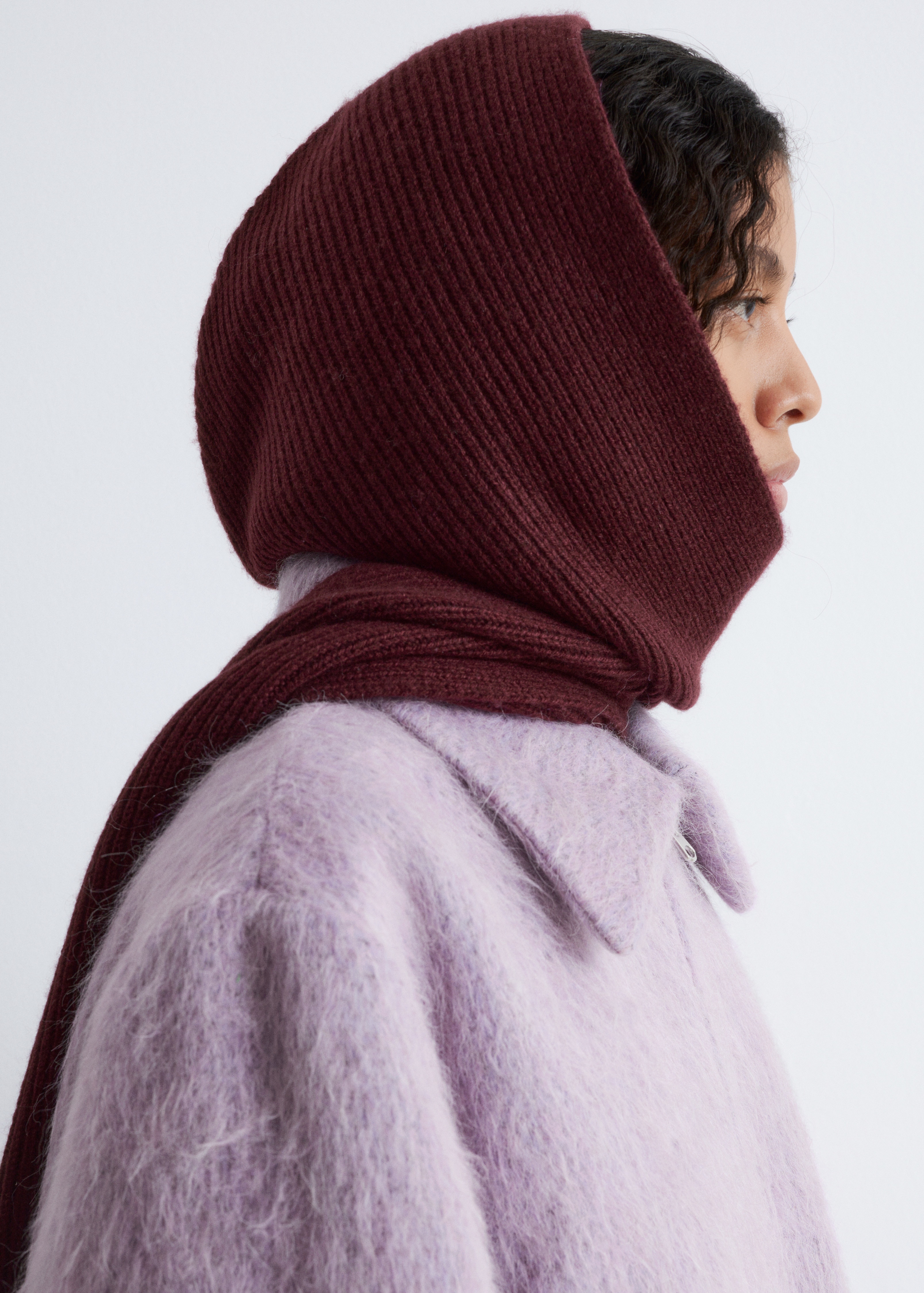 Hooded Wool Scarf - Burgundy/Kámen/Modrá/Černá