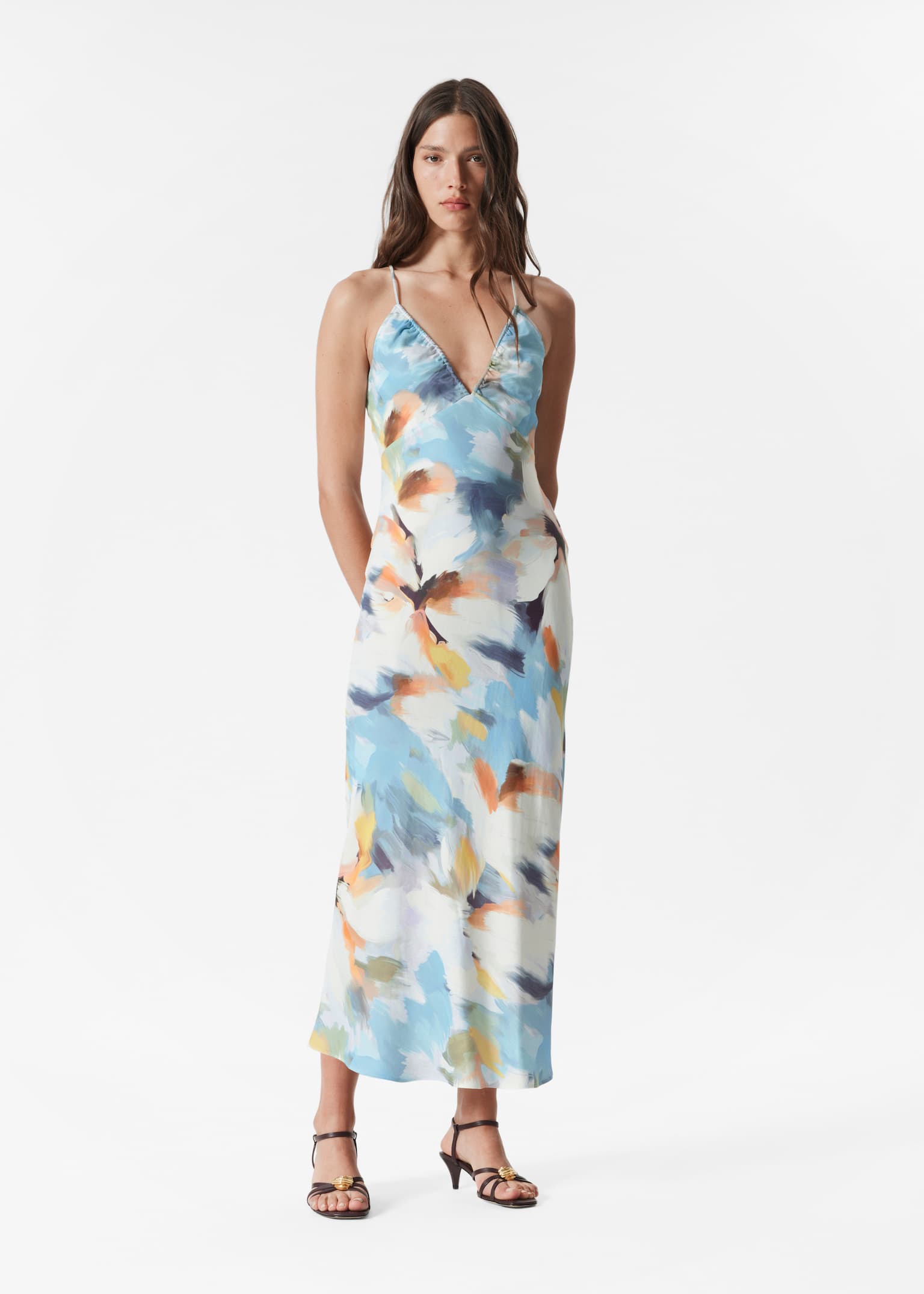Robe combinaison midi en satin - Motif bleu/Motif floral rose
