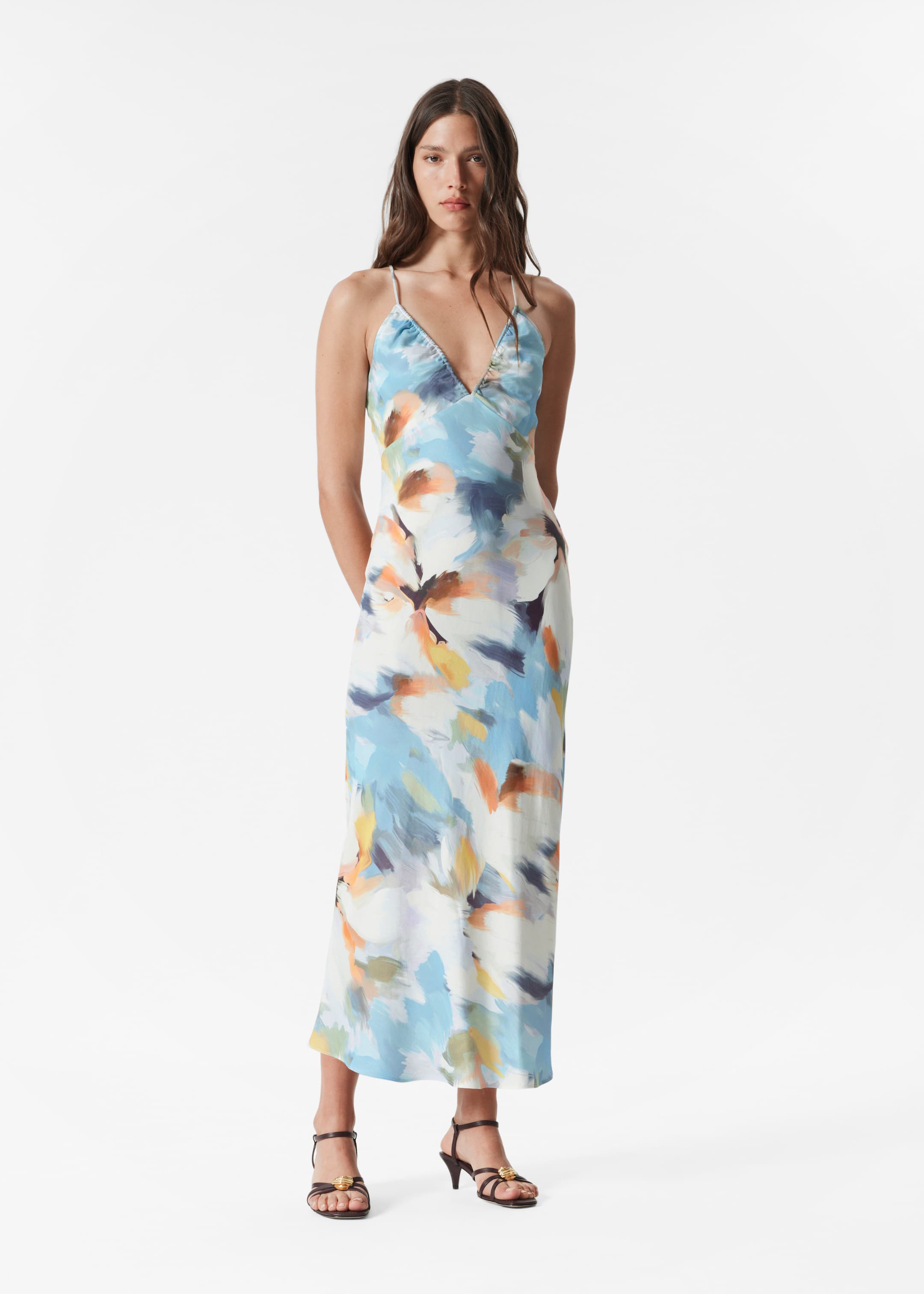 Größeres Bild anzeigen: Midi-Trägerkleid aus Satin - Blau gemustert - Ladies | H&M AT 1