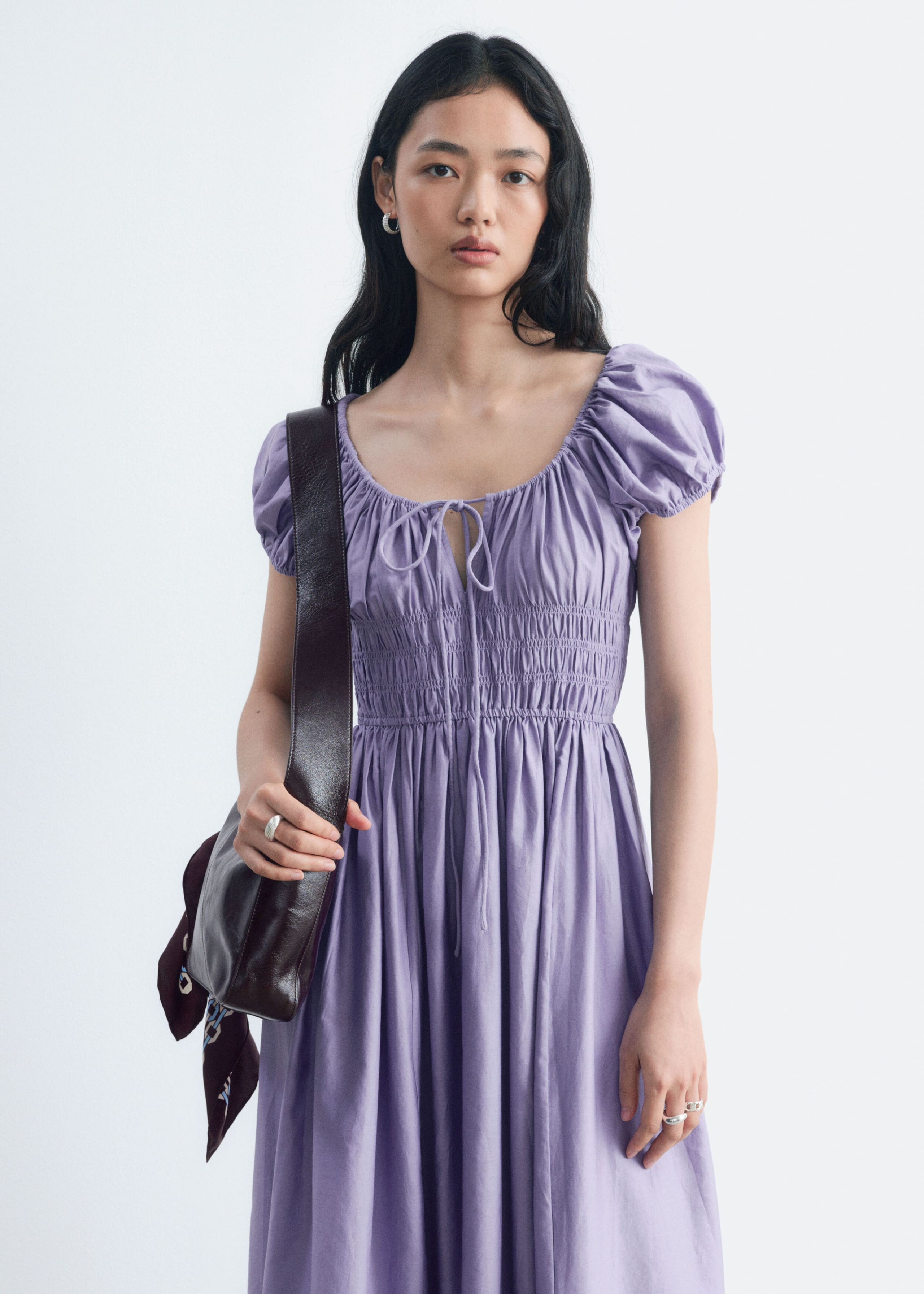 Cotton Smocked Midi Dress - Brown - Lookbook