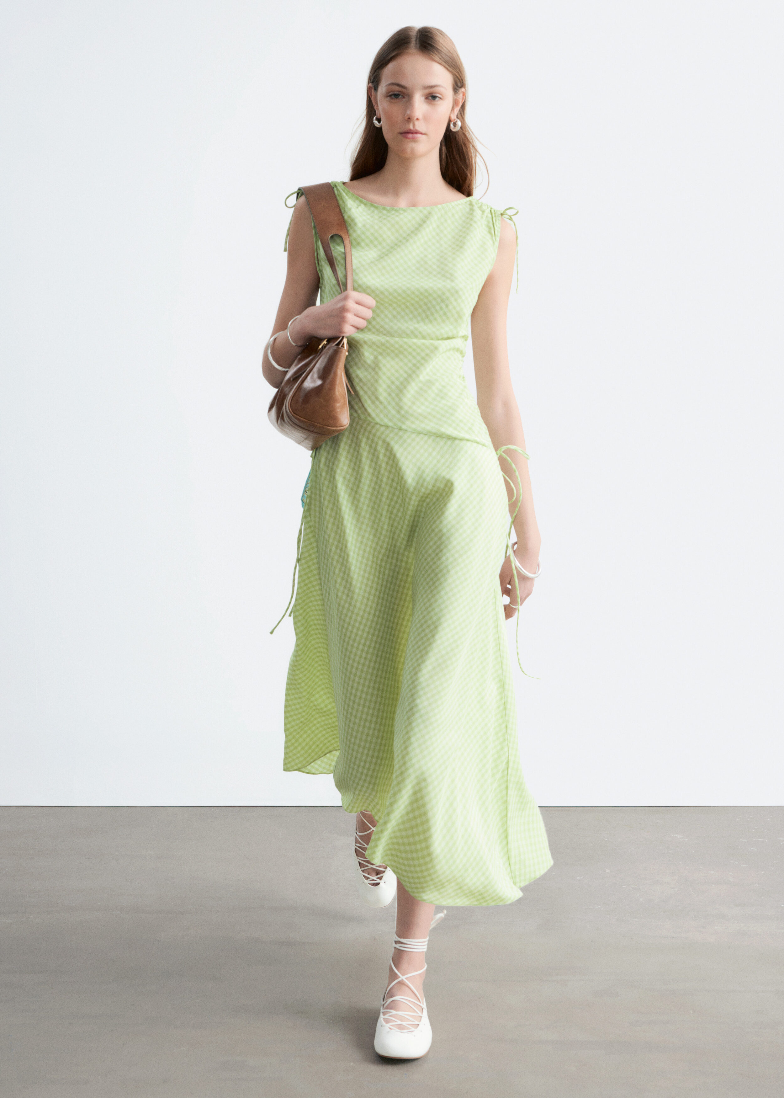 Asymmetric Draped Midi Dress - Light Green/Gingham Checked