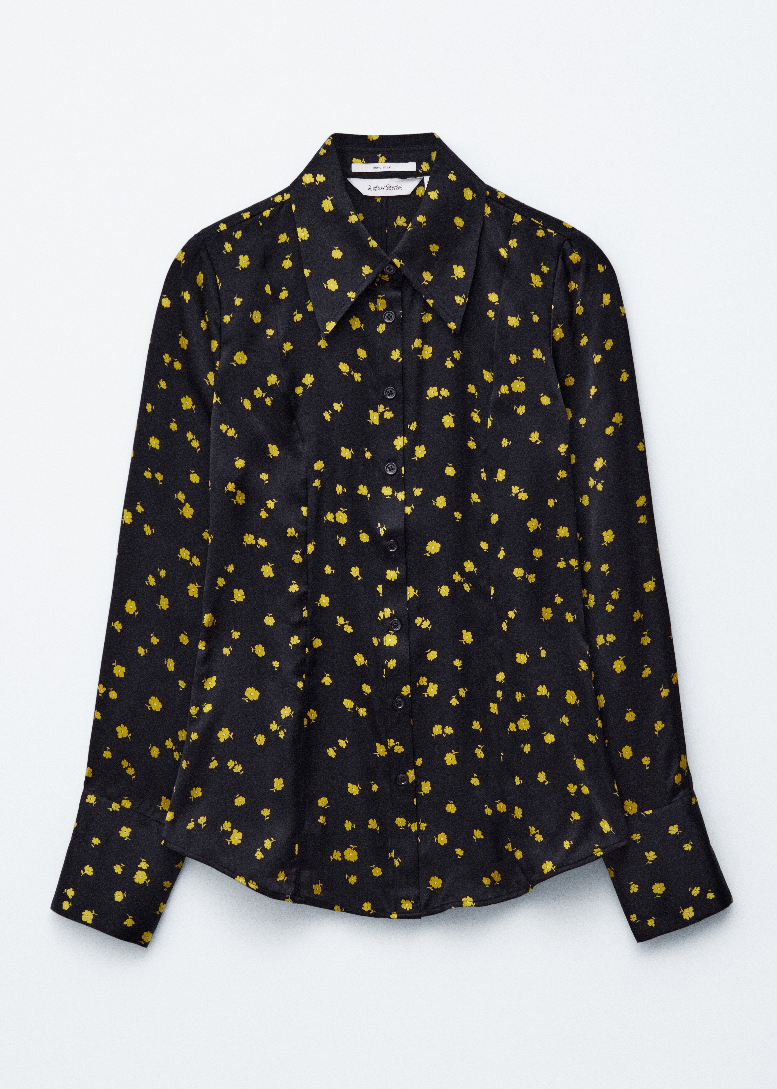 Schmal zulaufendes Seidenhemd - Schwarz/Geblümt