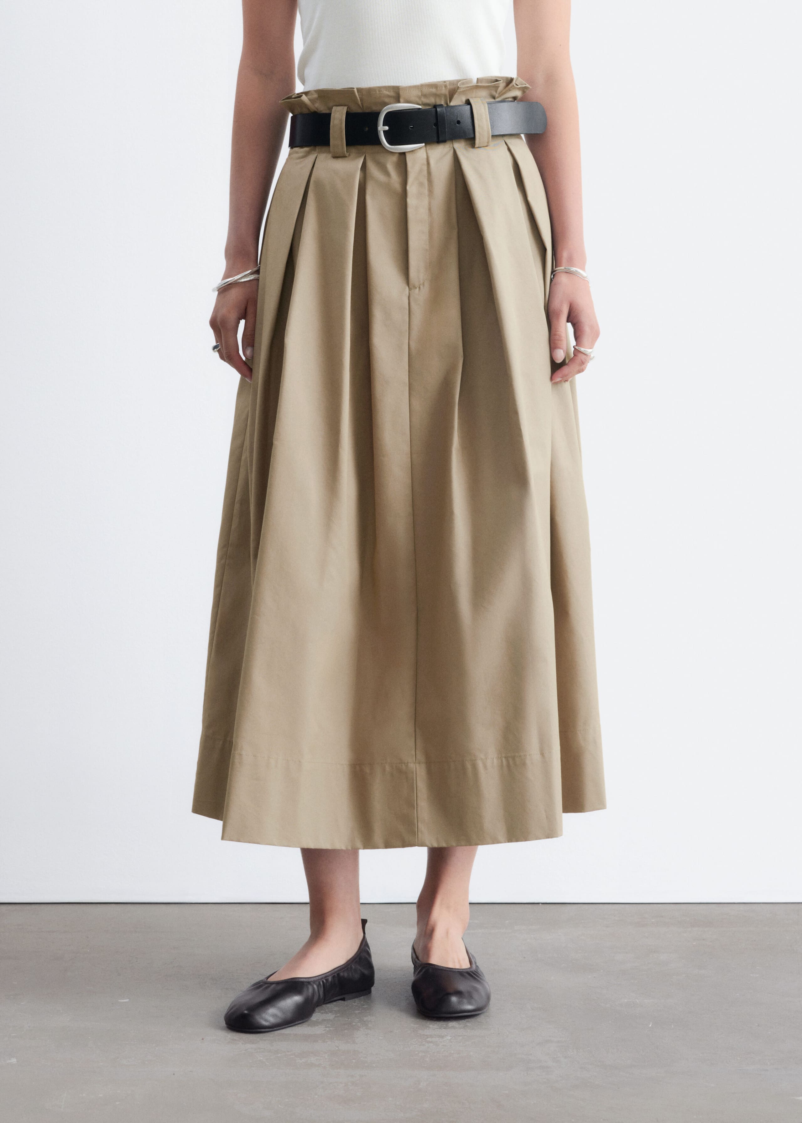 Pleated Midi Skirt - Beige - Lookbook
