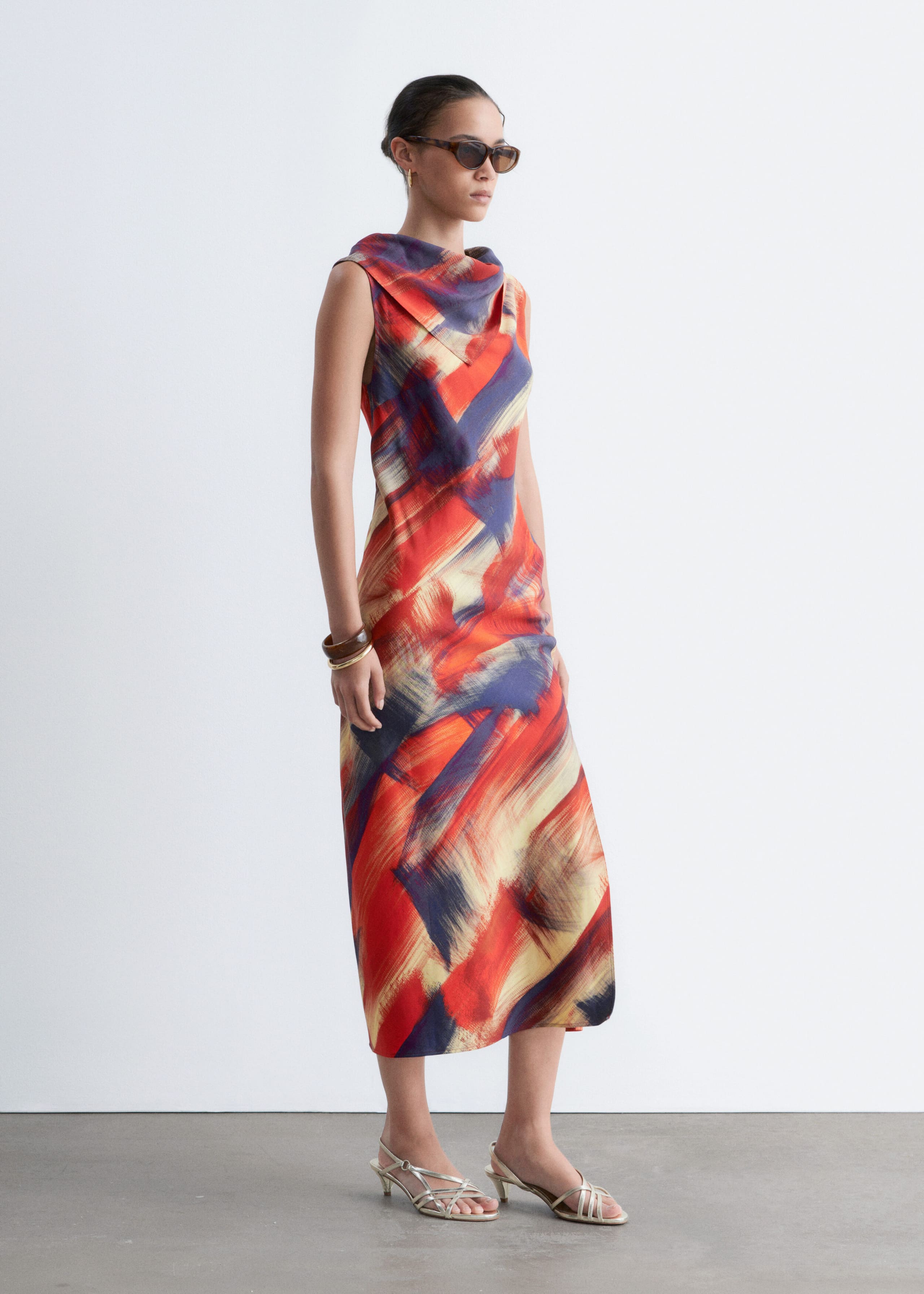 Scarf-Detail Midi Dress - Red/Print - Lookbook