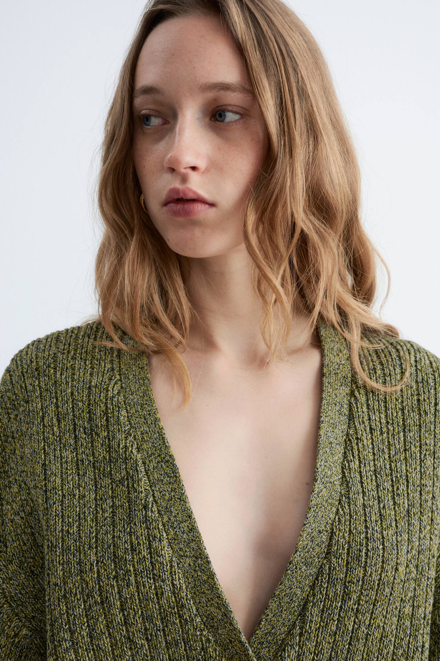 Cardigan in cotone con lavorazione a coste - Verde screziato/Giallo tenue - 6