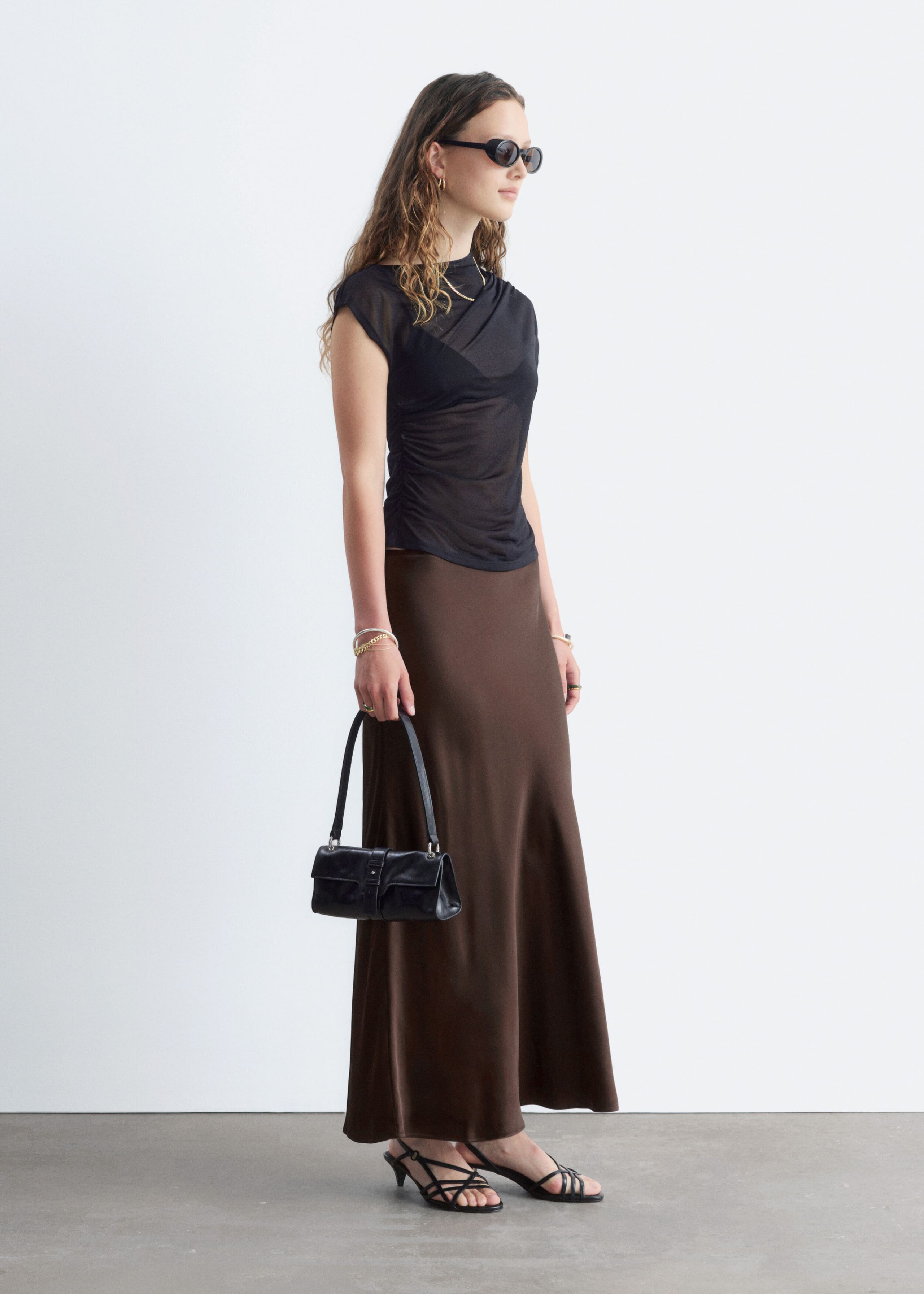 Satin Maxi Skirt - Dark Brown - Lookbook