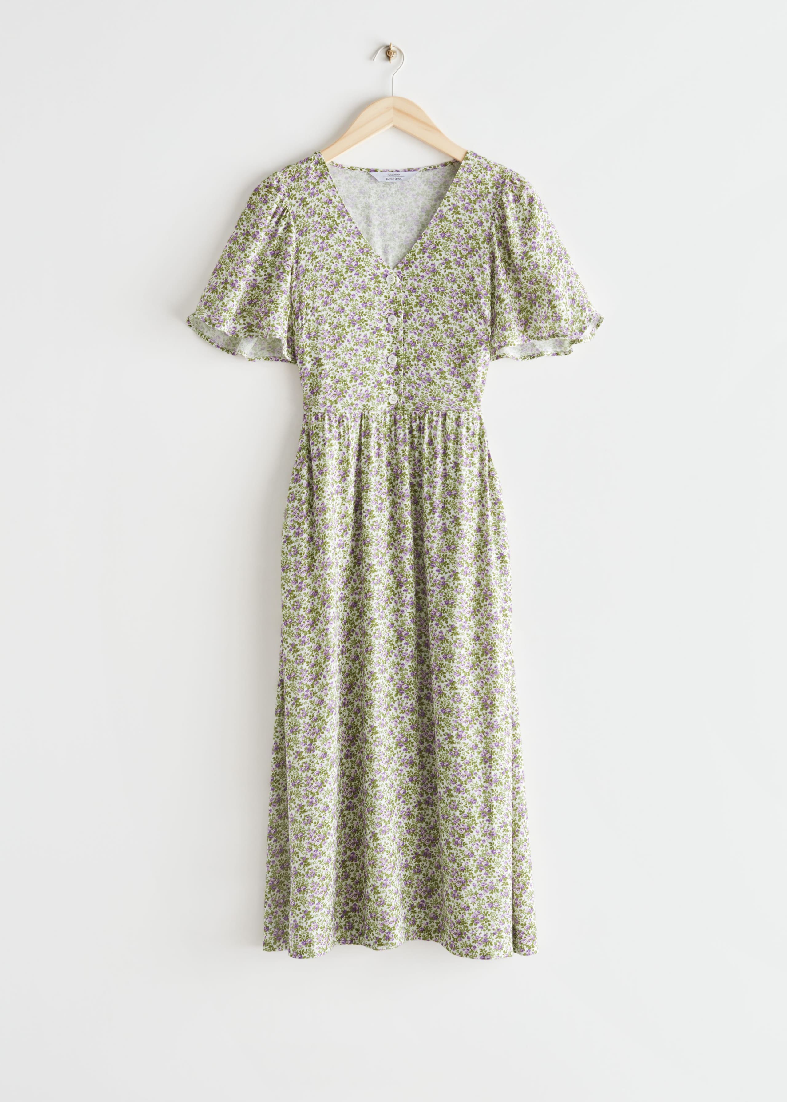 Flutter-Sleeve Midi Dress - Light Purple Floral Print - Still Life