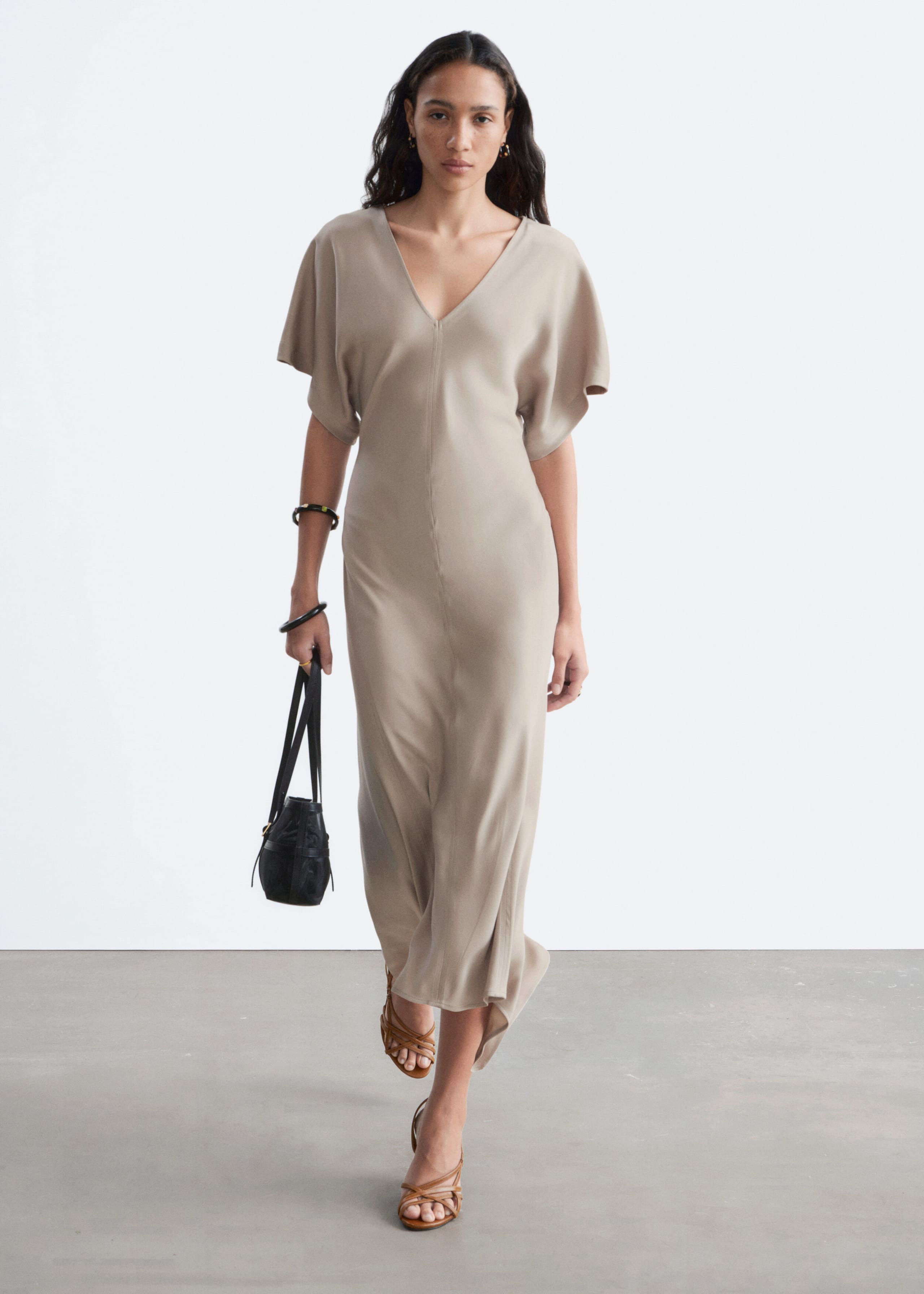 V-Neck Maxi Dress - Stone Beige - Lookbook