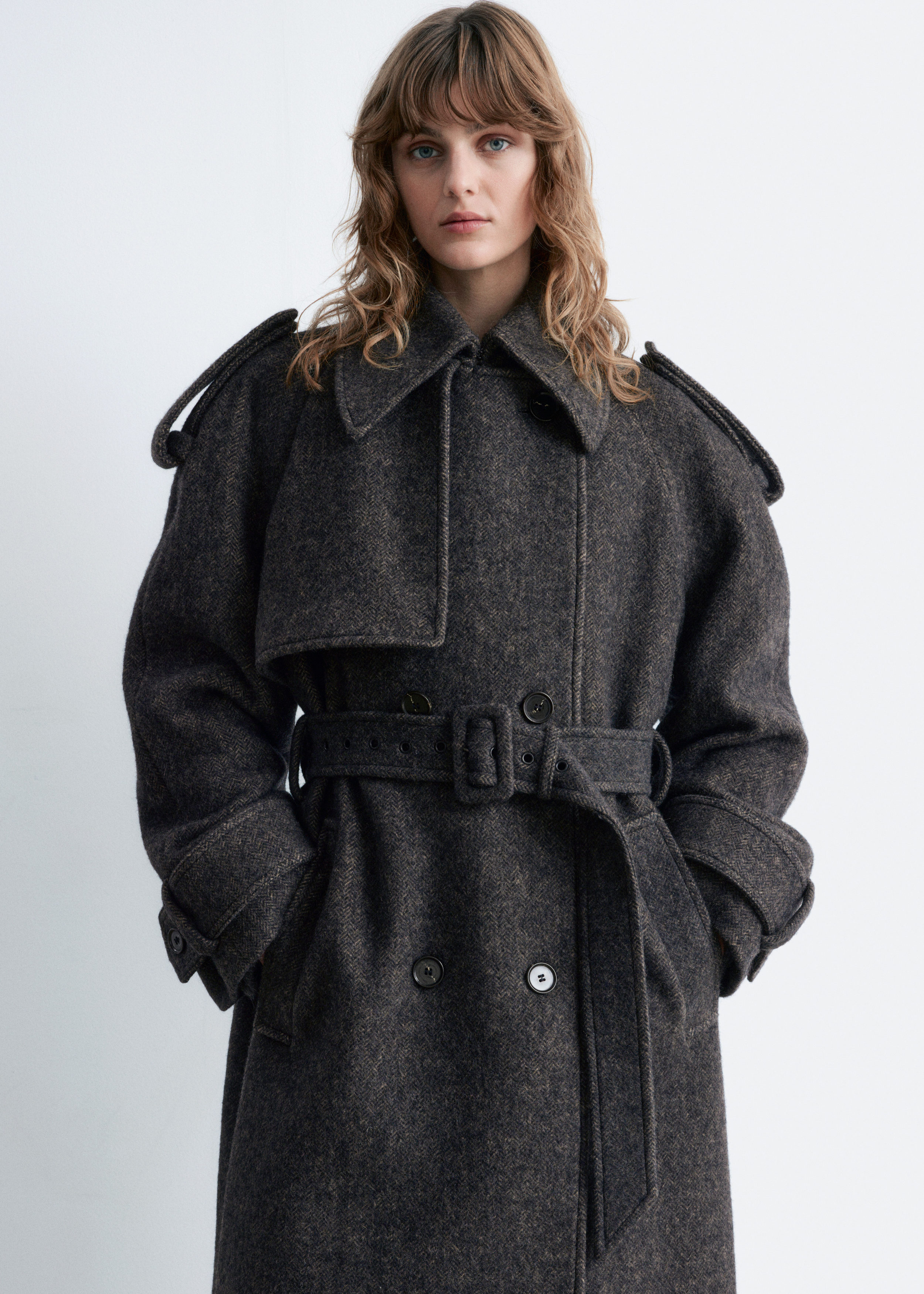 Wool-Blend Trench Coat - Dark Grey Herringbone Pattern - & Other