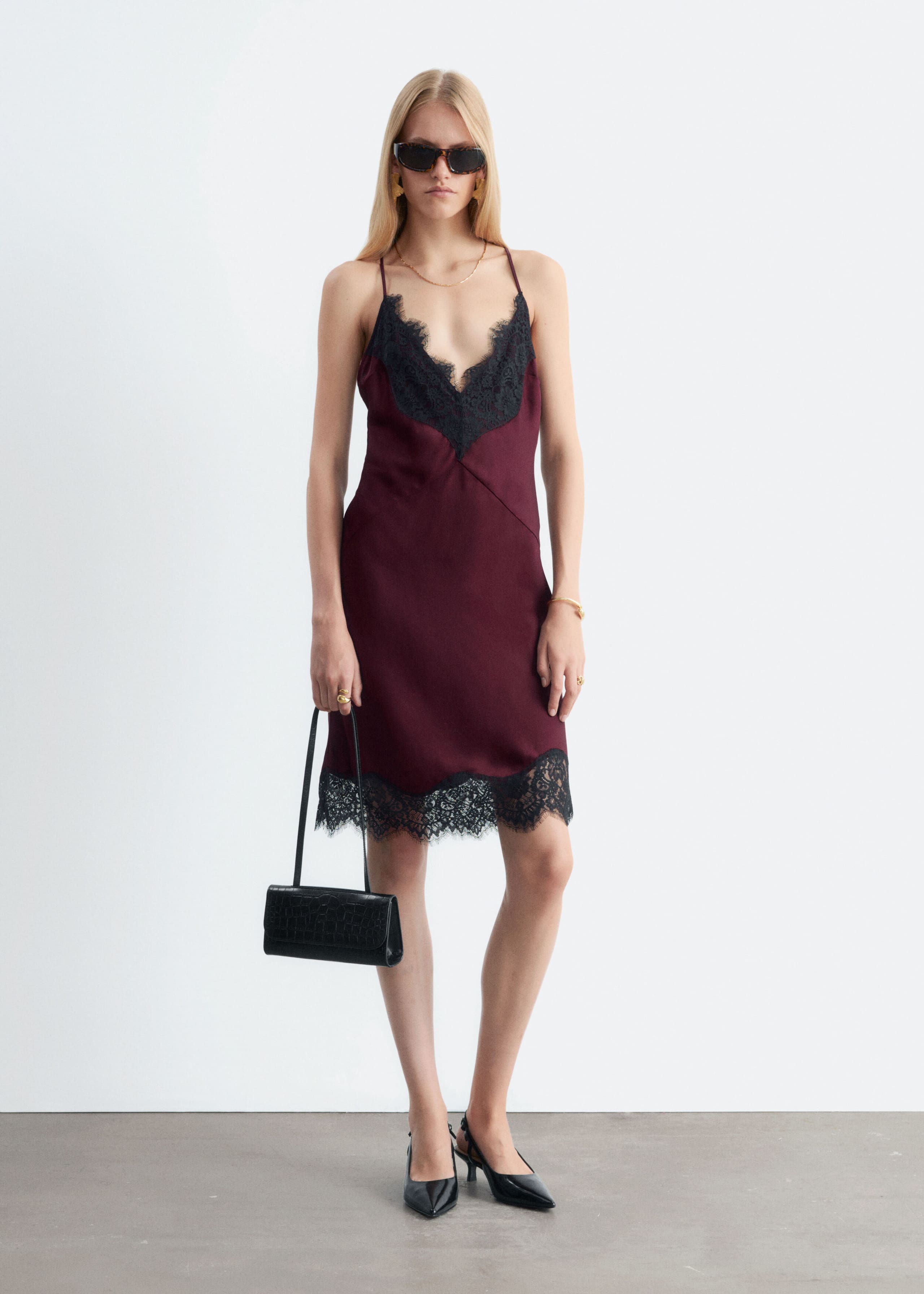 Lace Trim Slip Dress - Dark Red - Lookbook