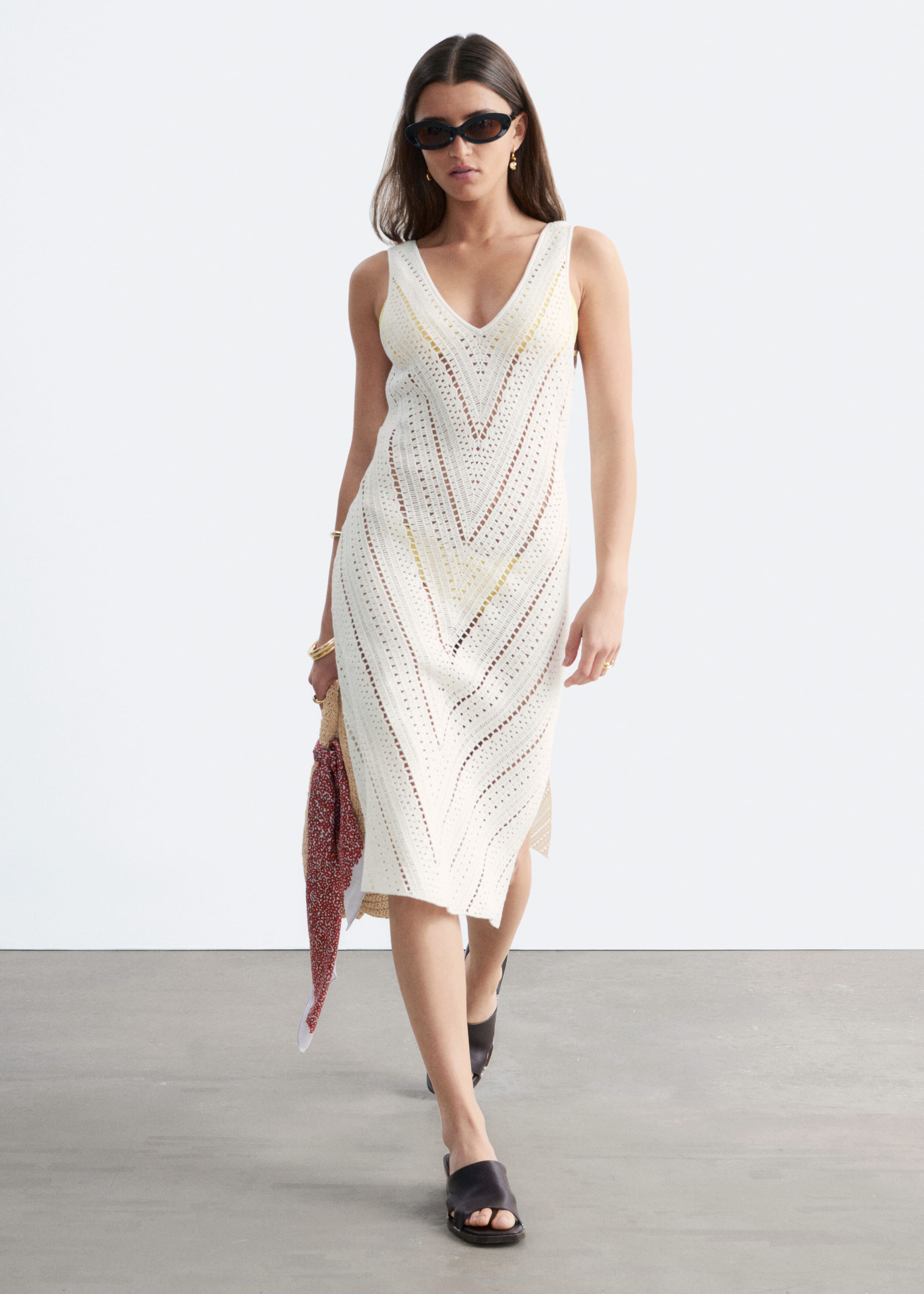 Crocheted V-Neck Midi Dress - White - Lookbook