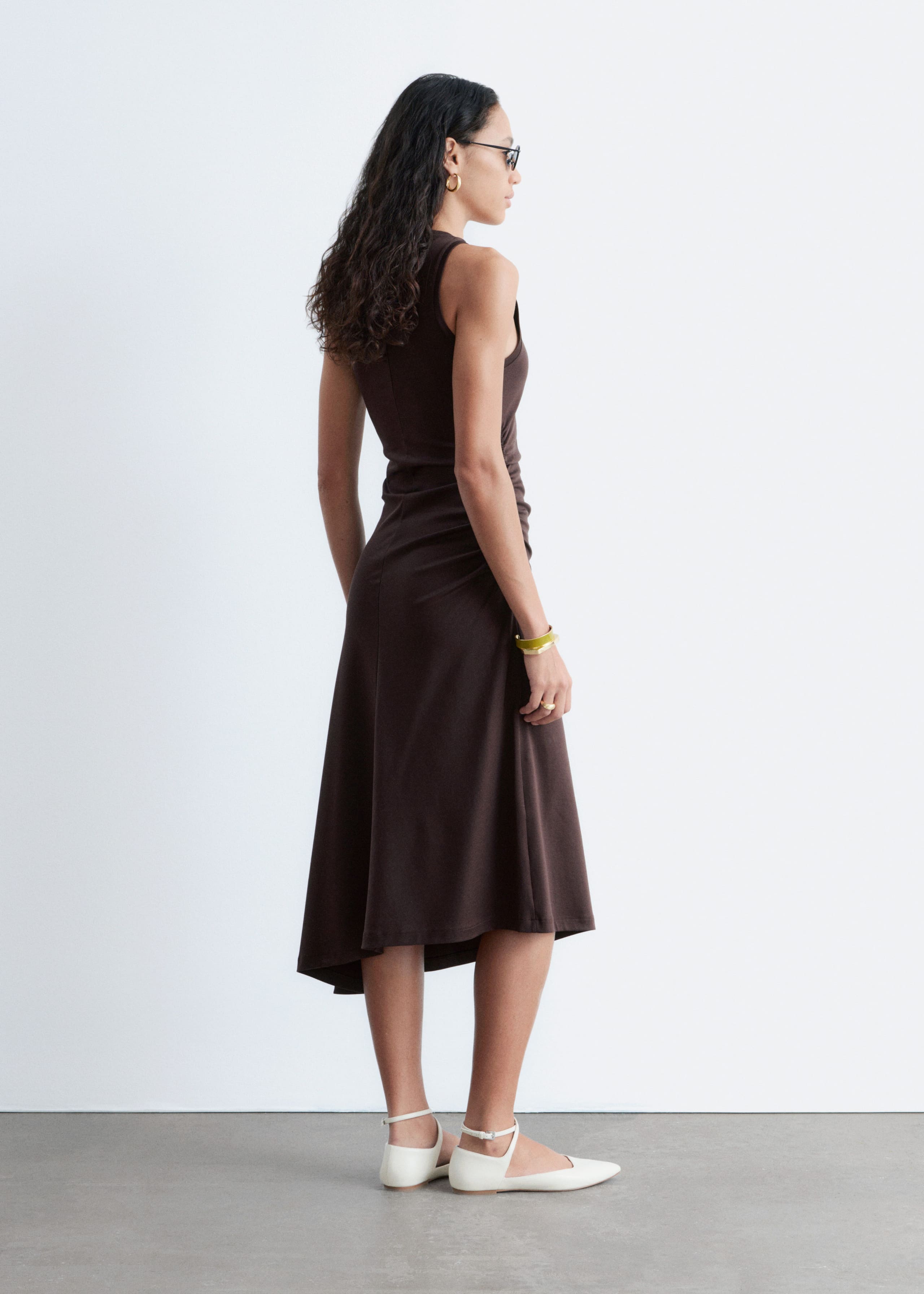 Image of Ruche Asymmetric Midi Dress