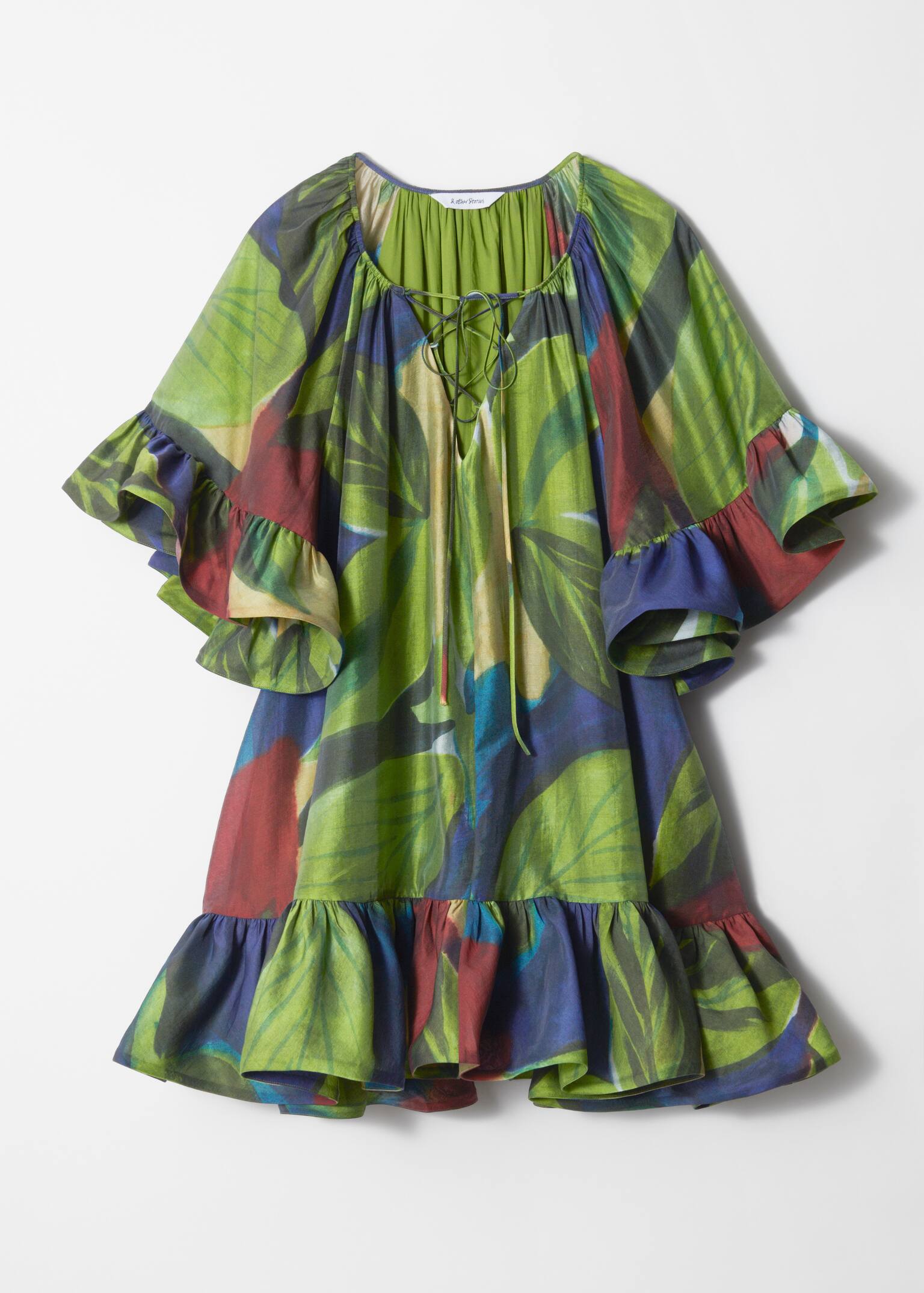 Robe courte à volants - Imprimé vert/Rouge foncé/Motif floral rose/rouge - 2