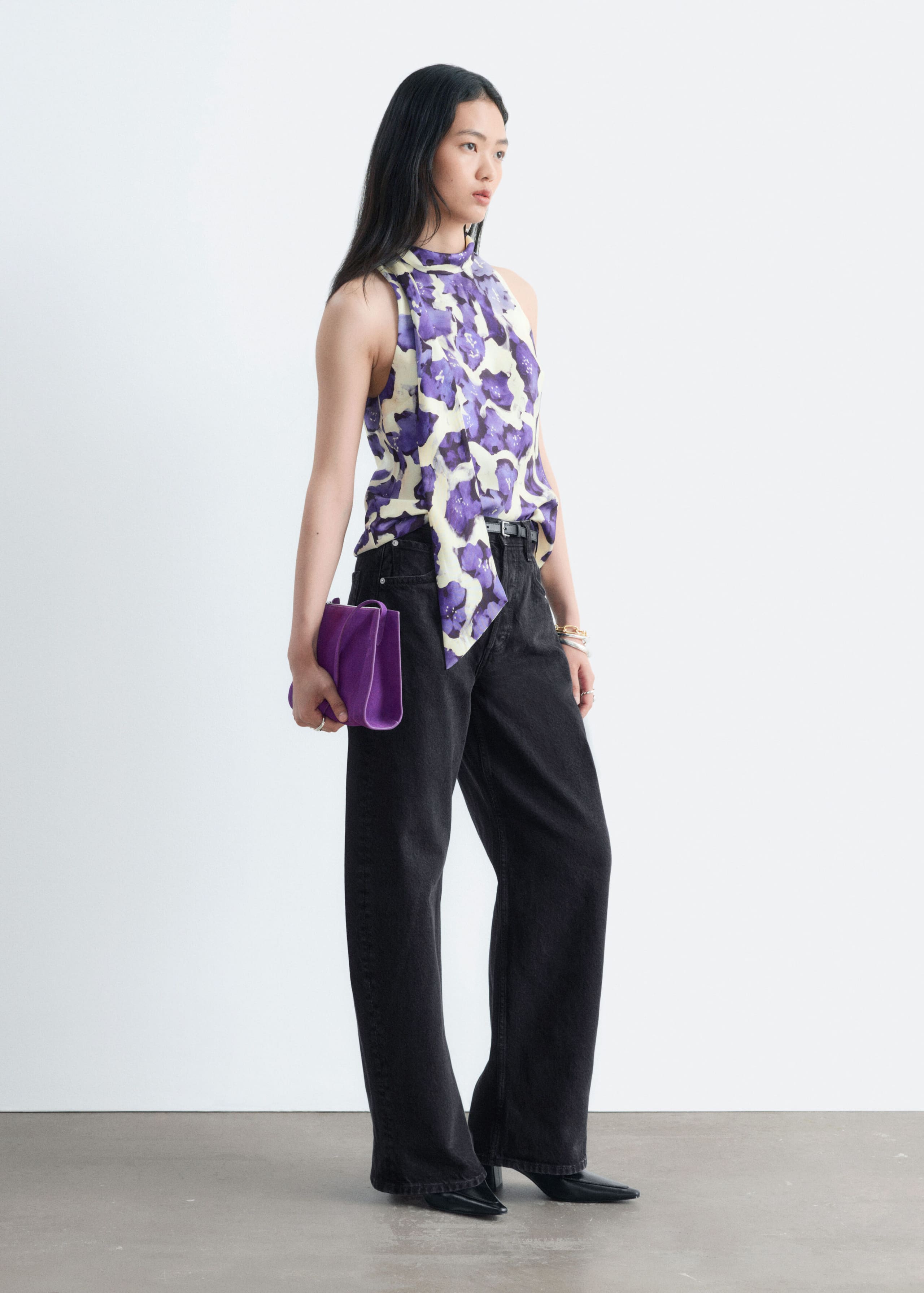 Scarf-Neck Silk Top - White/Purple - Lookbook