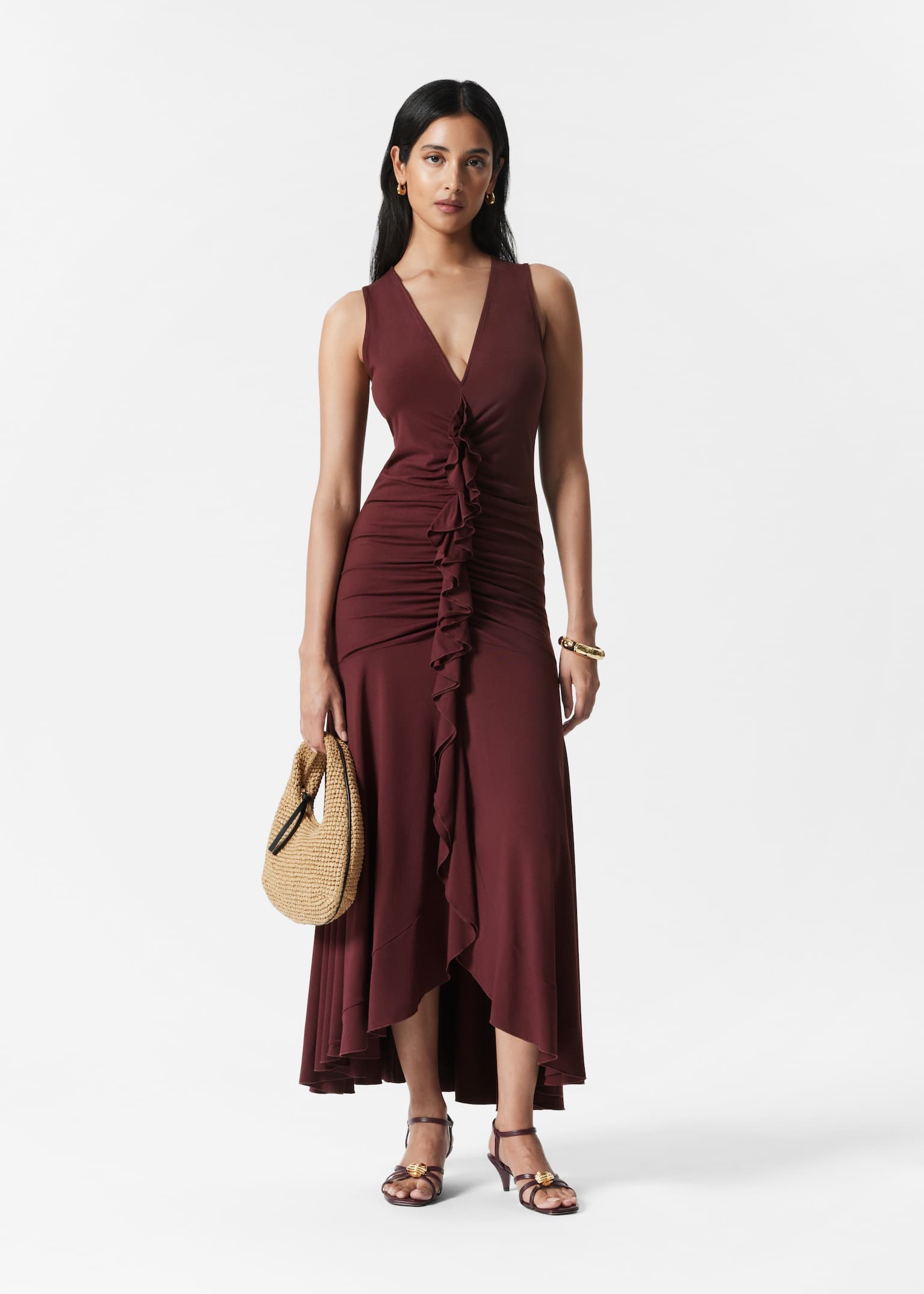 Robe longue à volants et col en V - Rouge foncé