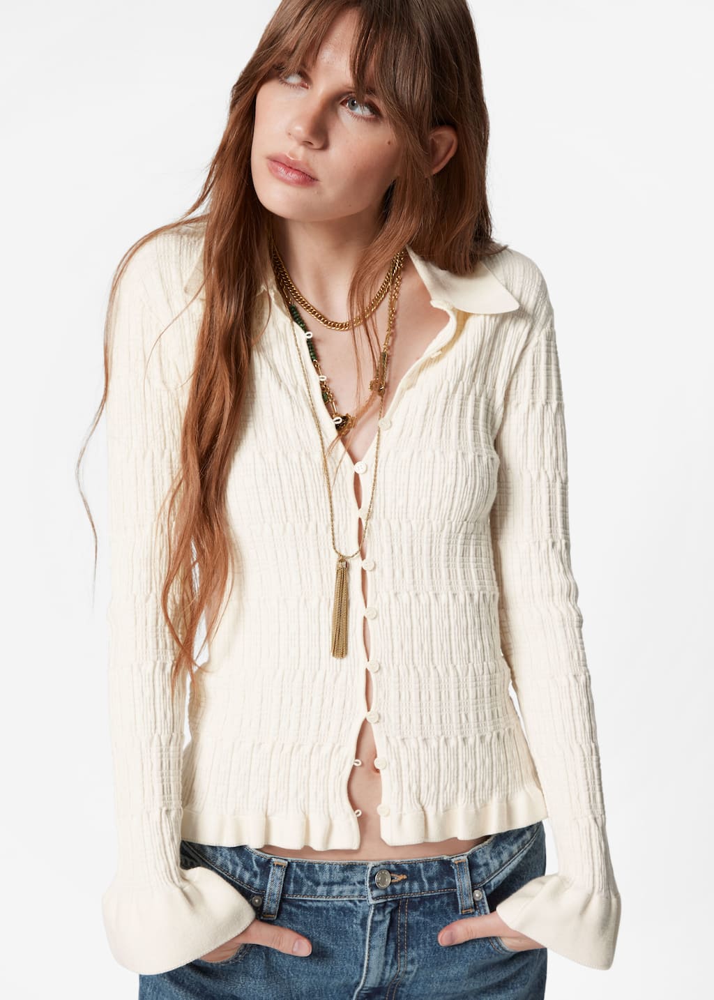 Knitted Collar Cardigan - Cream - Lookbook