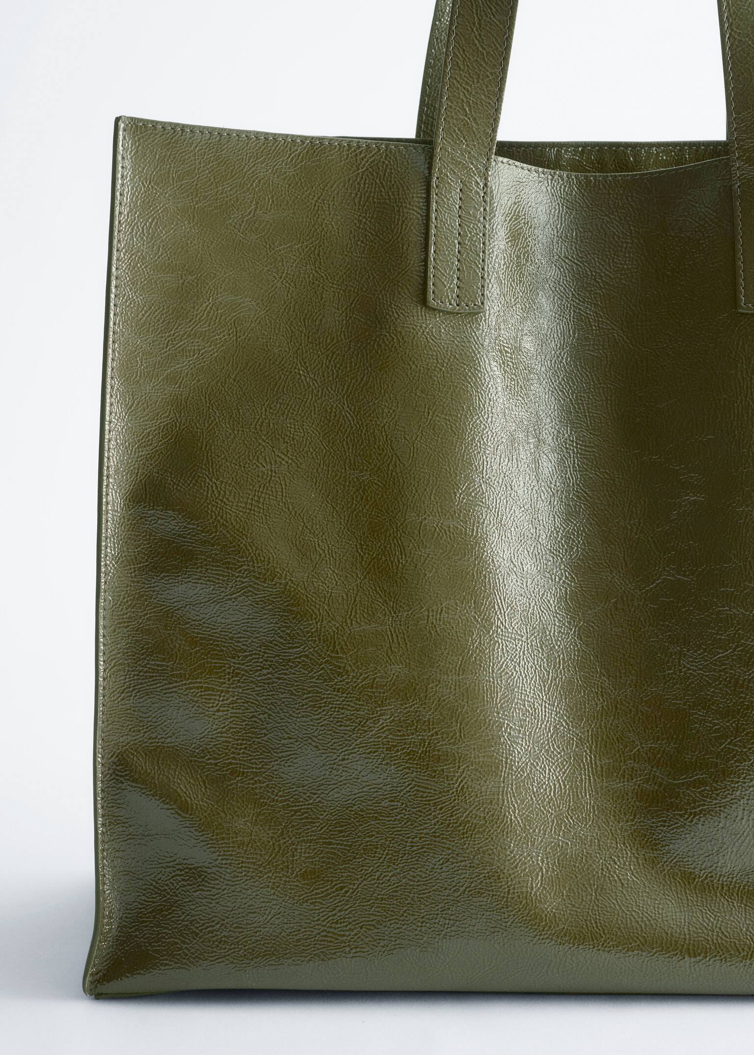 Leather Tote Bag - Khaki Green/Patent Dark Brown - 5