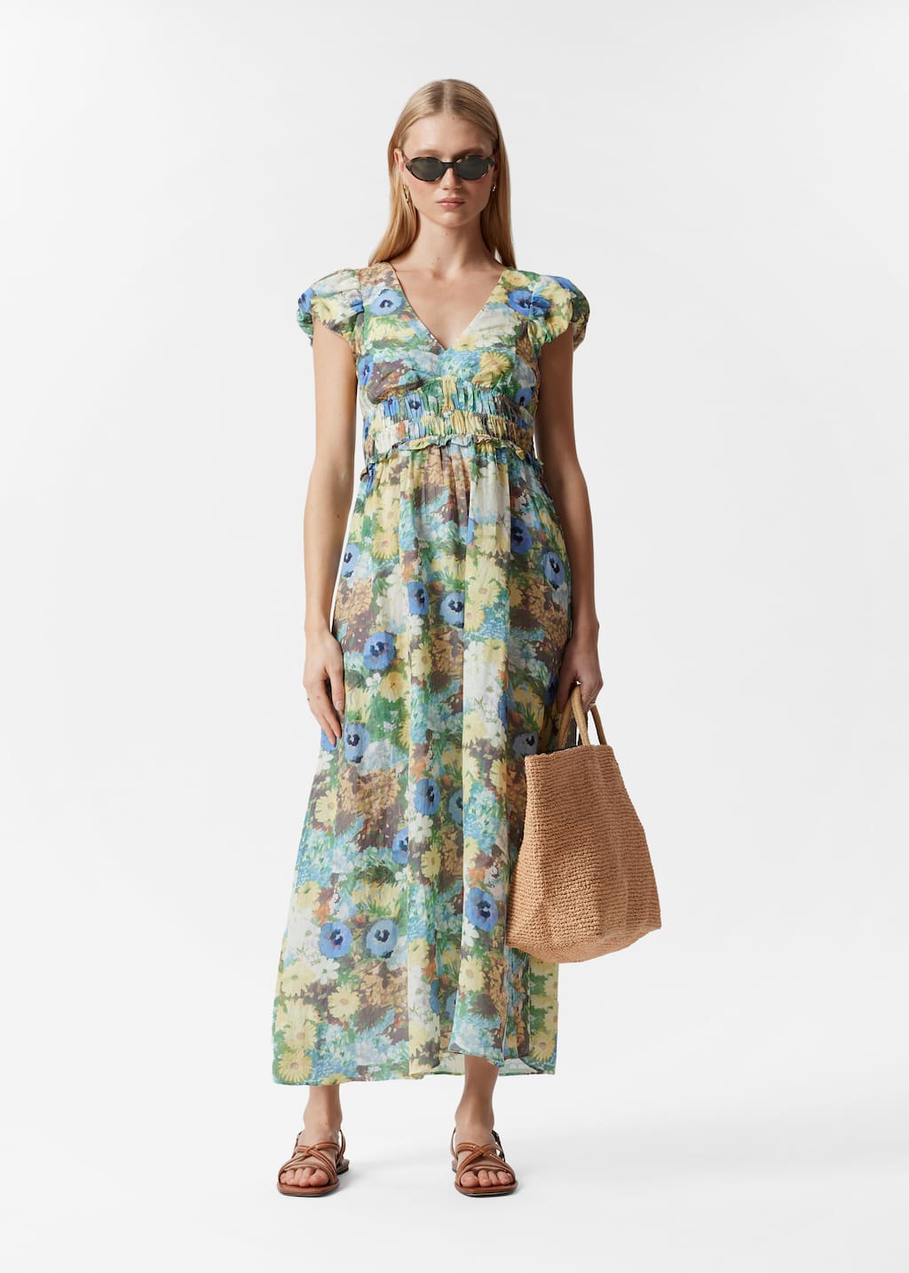 Image of Vestido midi con mangas burbuja