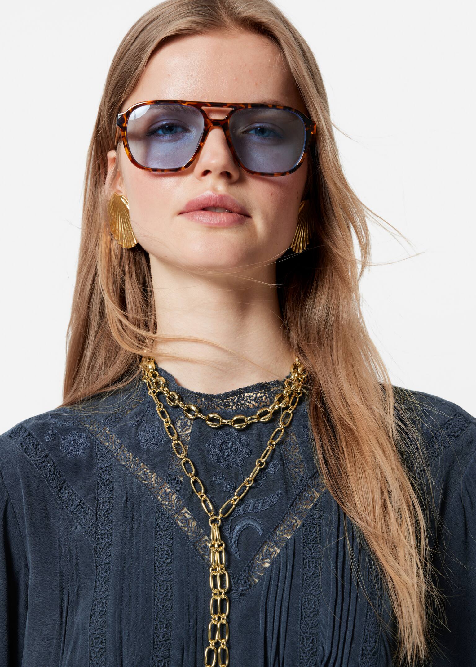 Robe longue en dentelle - Bleu foncé/Jaune - 5