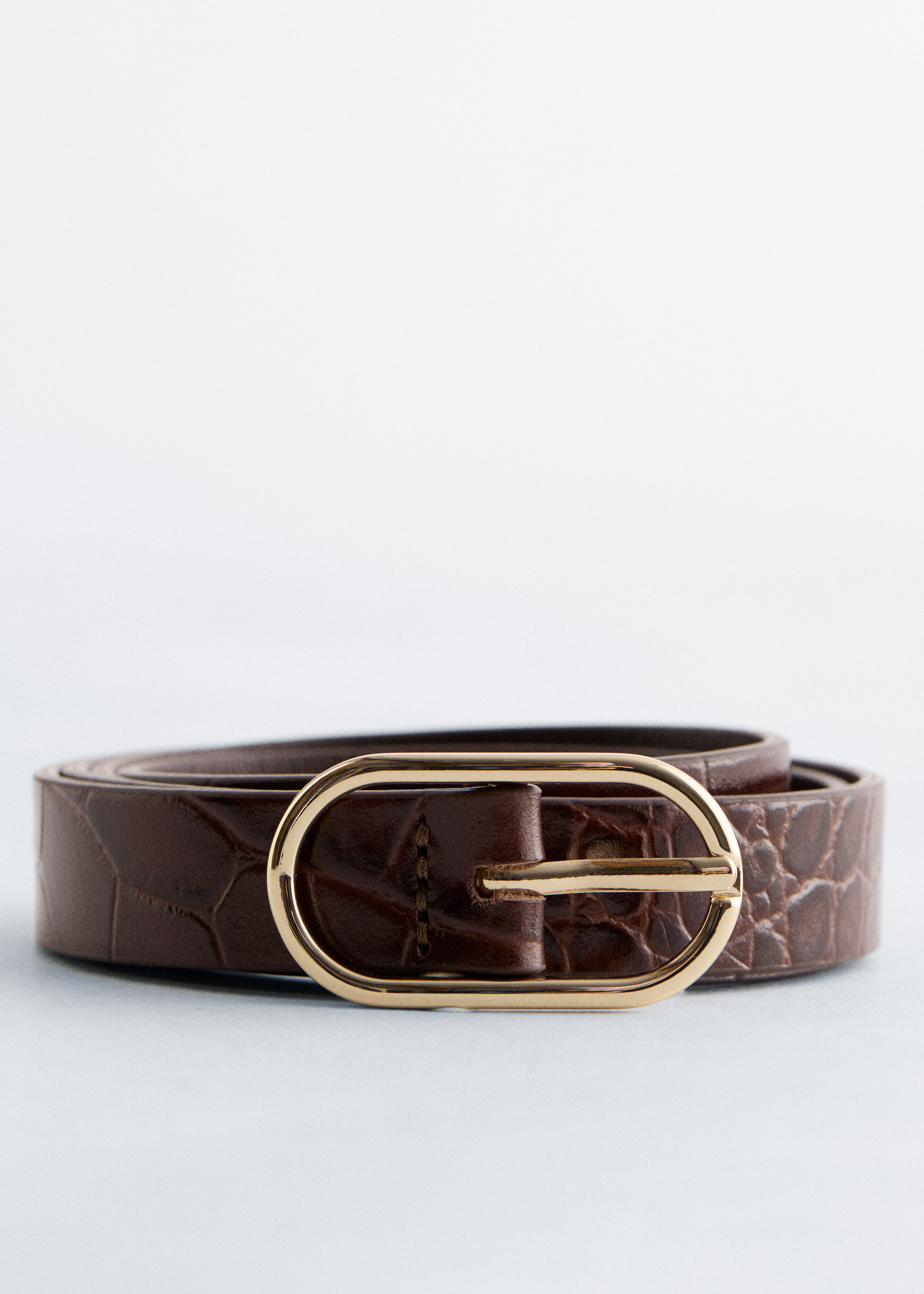Croco Effect Slim Leather Belt - Dark Brown/Faux Croco - & Other