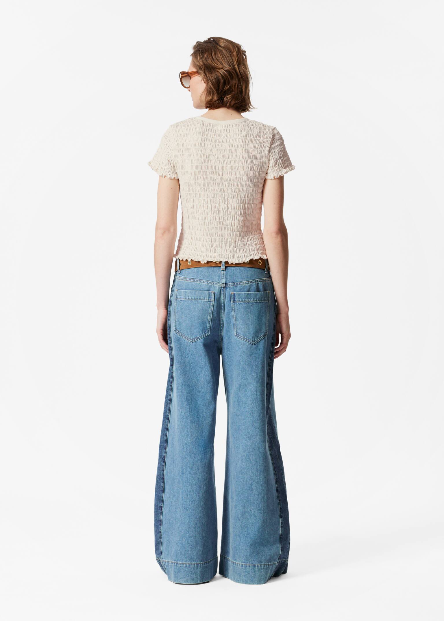 Camiseta fruncida con nido de abeja - Blanco/flor estampada/Naranja - 3