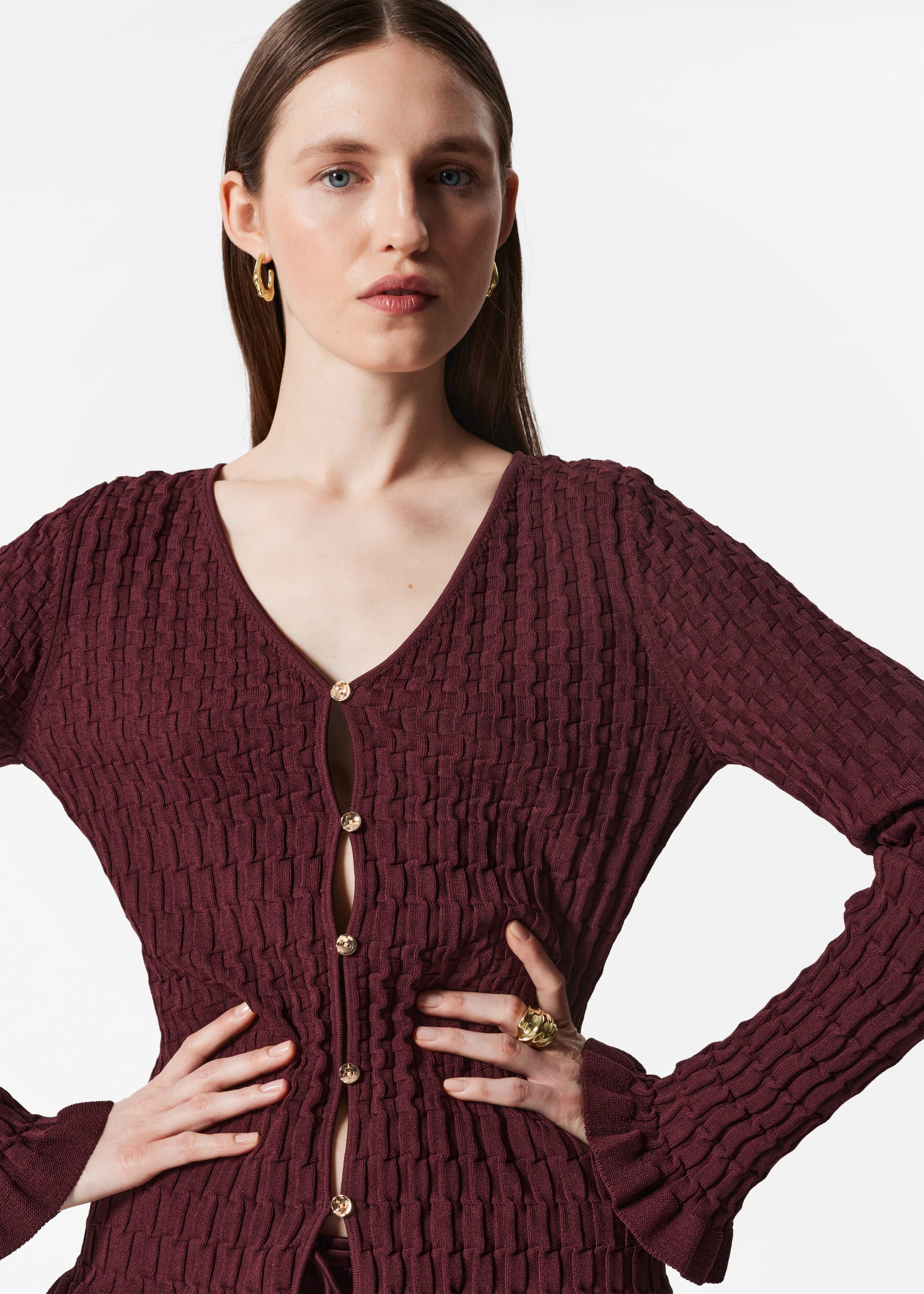 Agrandir l'image: Cardigan en maille texturée - Rouge foncé - FEMME | H&M FR 1