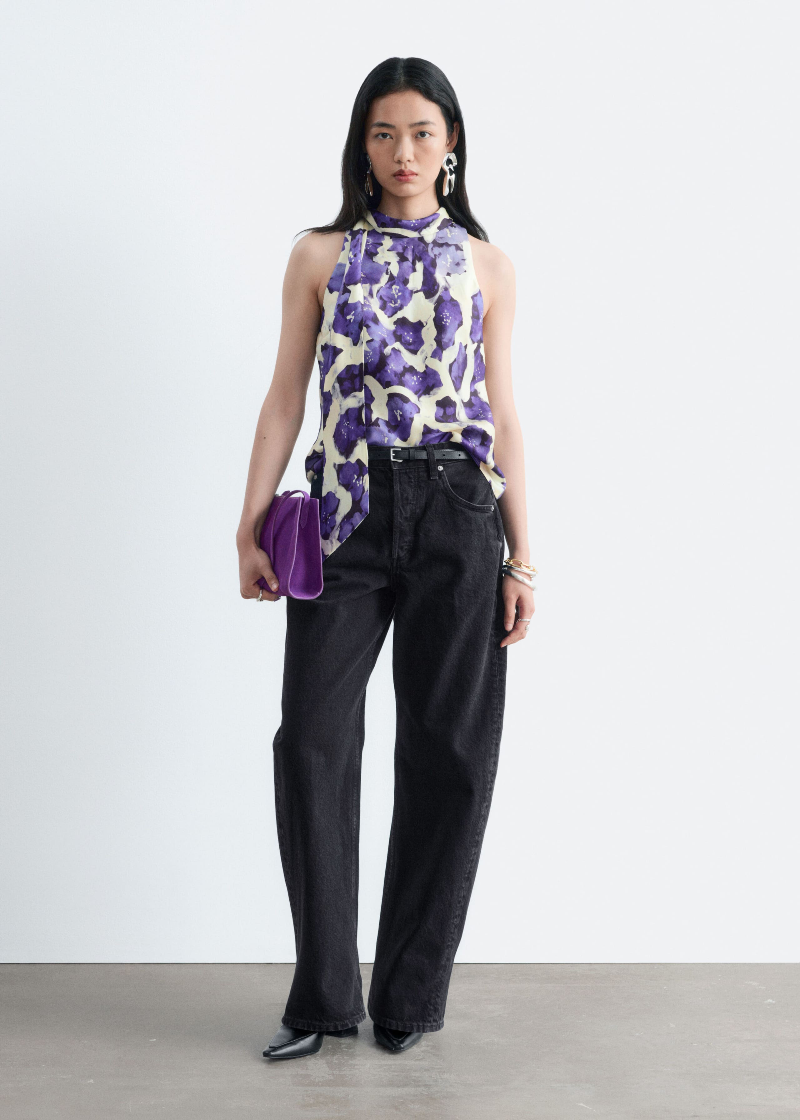 Scarf-Neck Silk Top - White/Purple - Lookbook