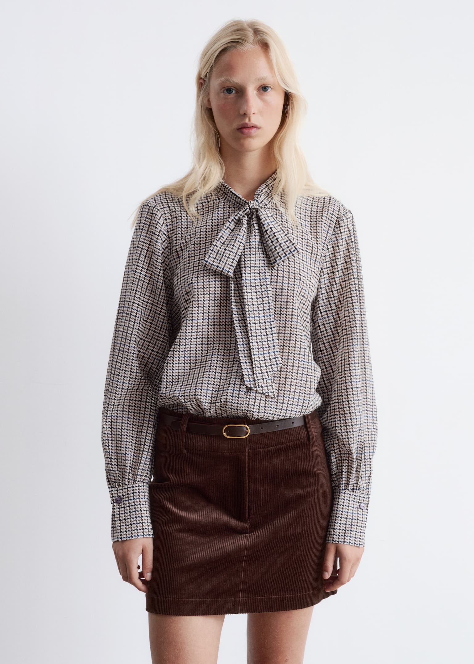 Silk-Blend Bow-Detail Blouse - Greige Checked - 3