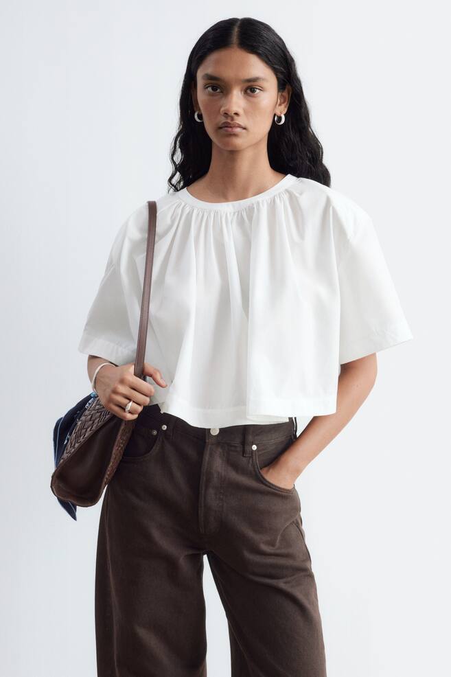 Blouse courte et froncée en coton - Blanc - 1