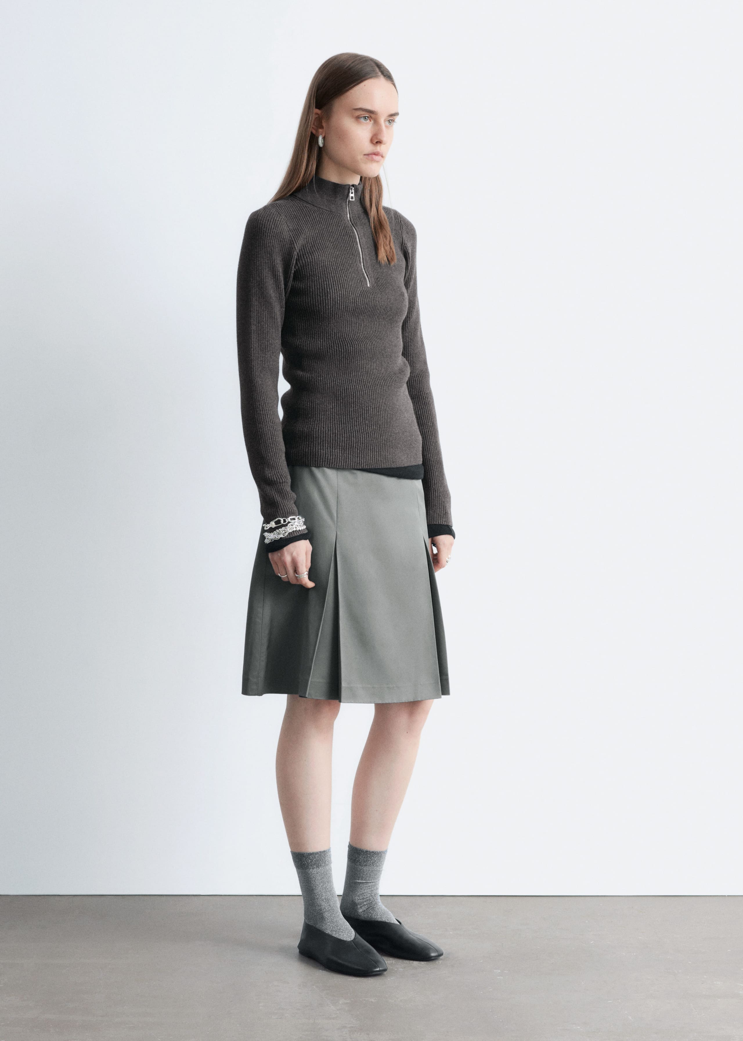 Image of Pleated Knee-Length Satin Skirt