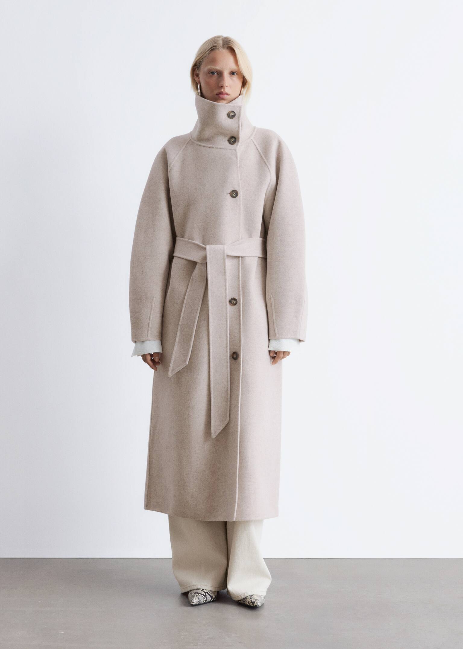 Funnel-Collar Wool Coat - Beige - 6