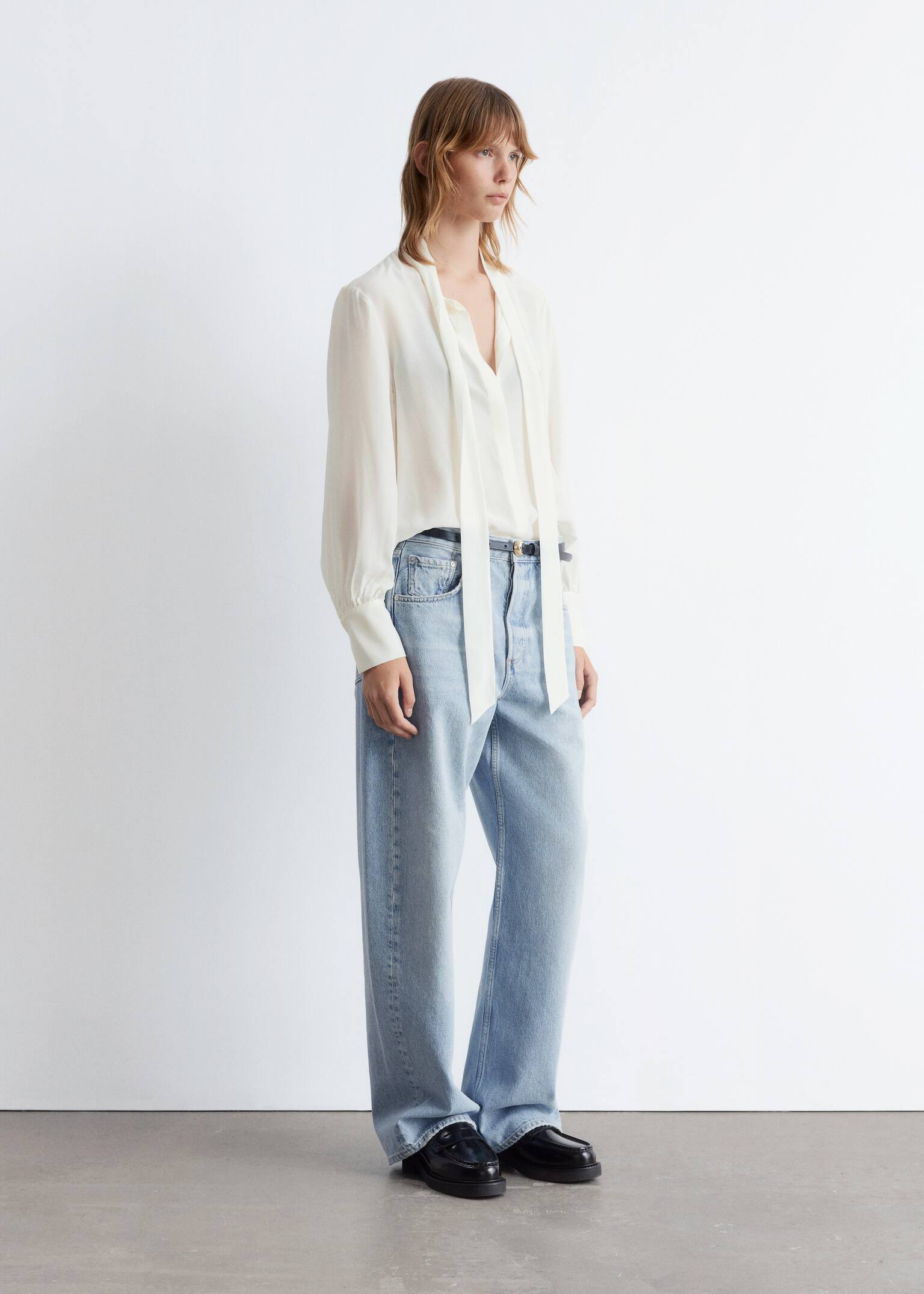 Tie-Neck Silk Blouse - White/Black Floral - 4