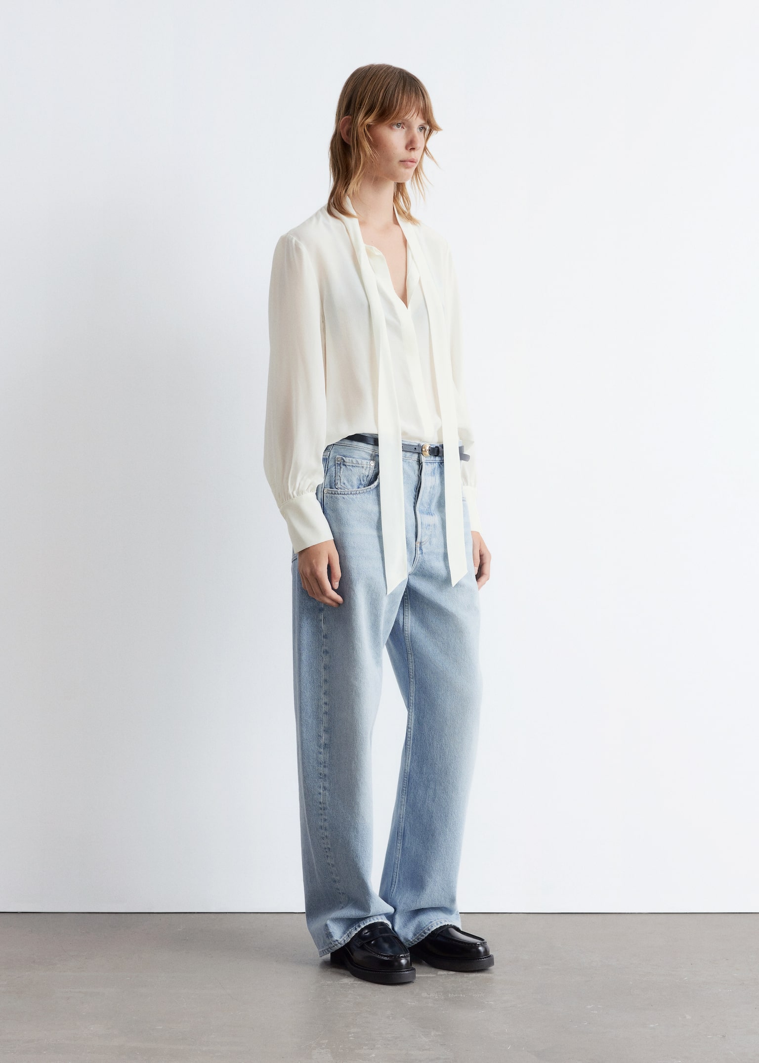 Tie-Neck Silk Blouse - White - 4