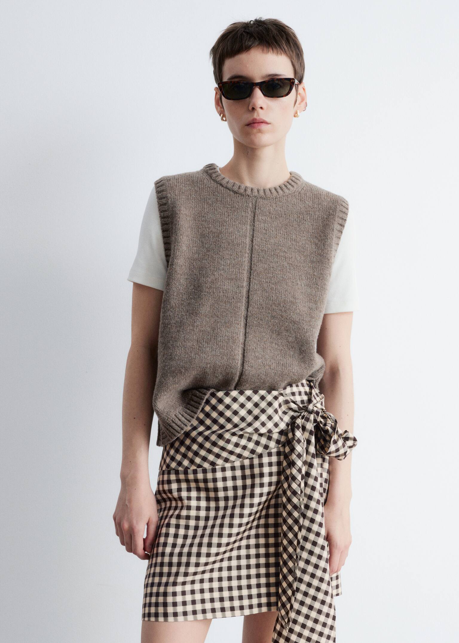 Checkered Mini Skirt - Brown Gingham-Check - 3