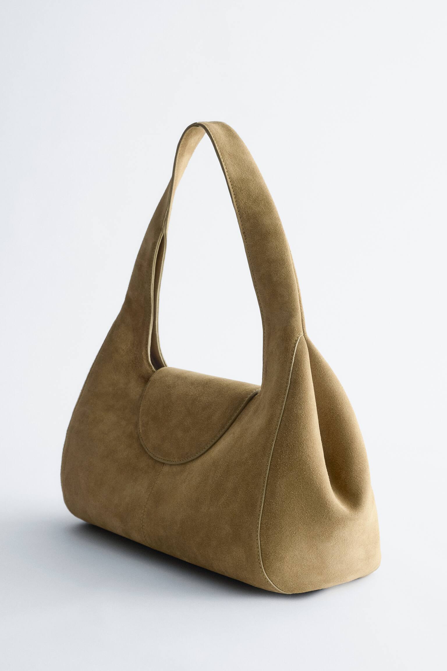 Borsa a spalla curva in pelle scamosciata - Pelle scamosciata verde kaki/Pelle marrone scuro - 3