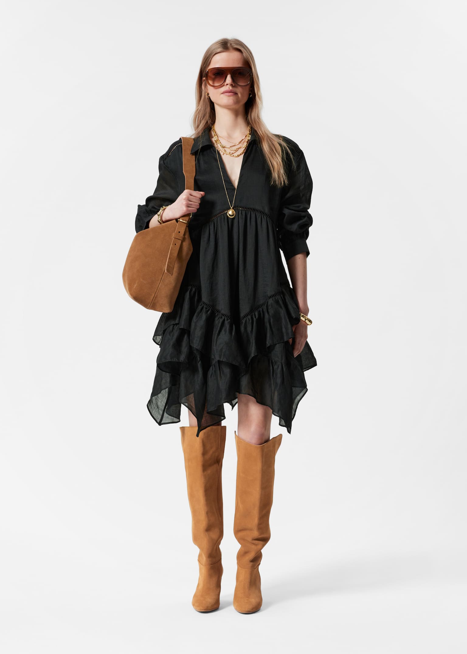 Robe courte à volants en ramie - Noir/Blanc