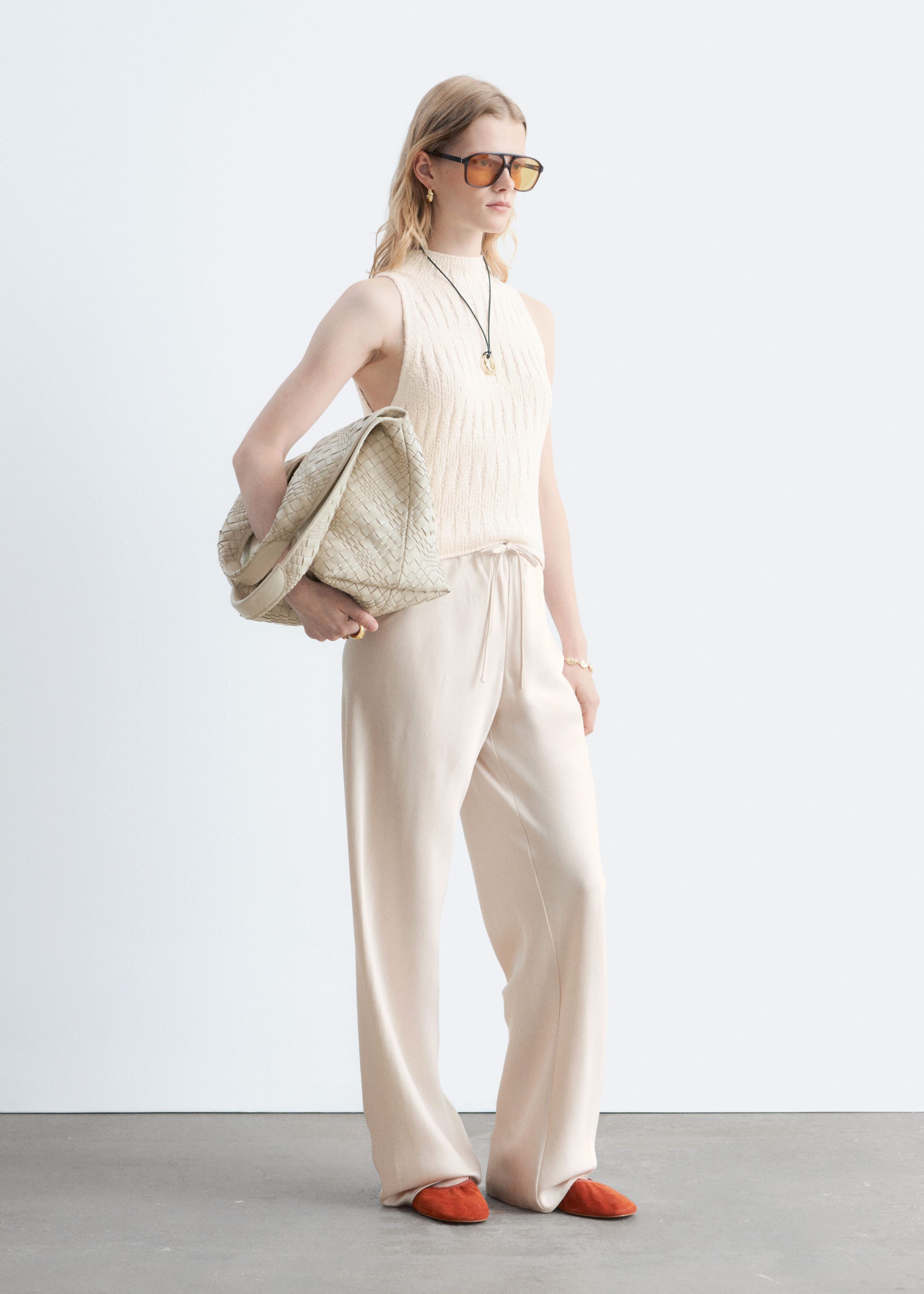Satin Pull-On Trousers - Beige - Lookbook