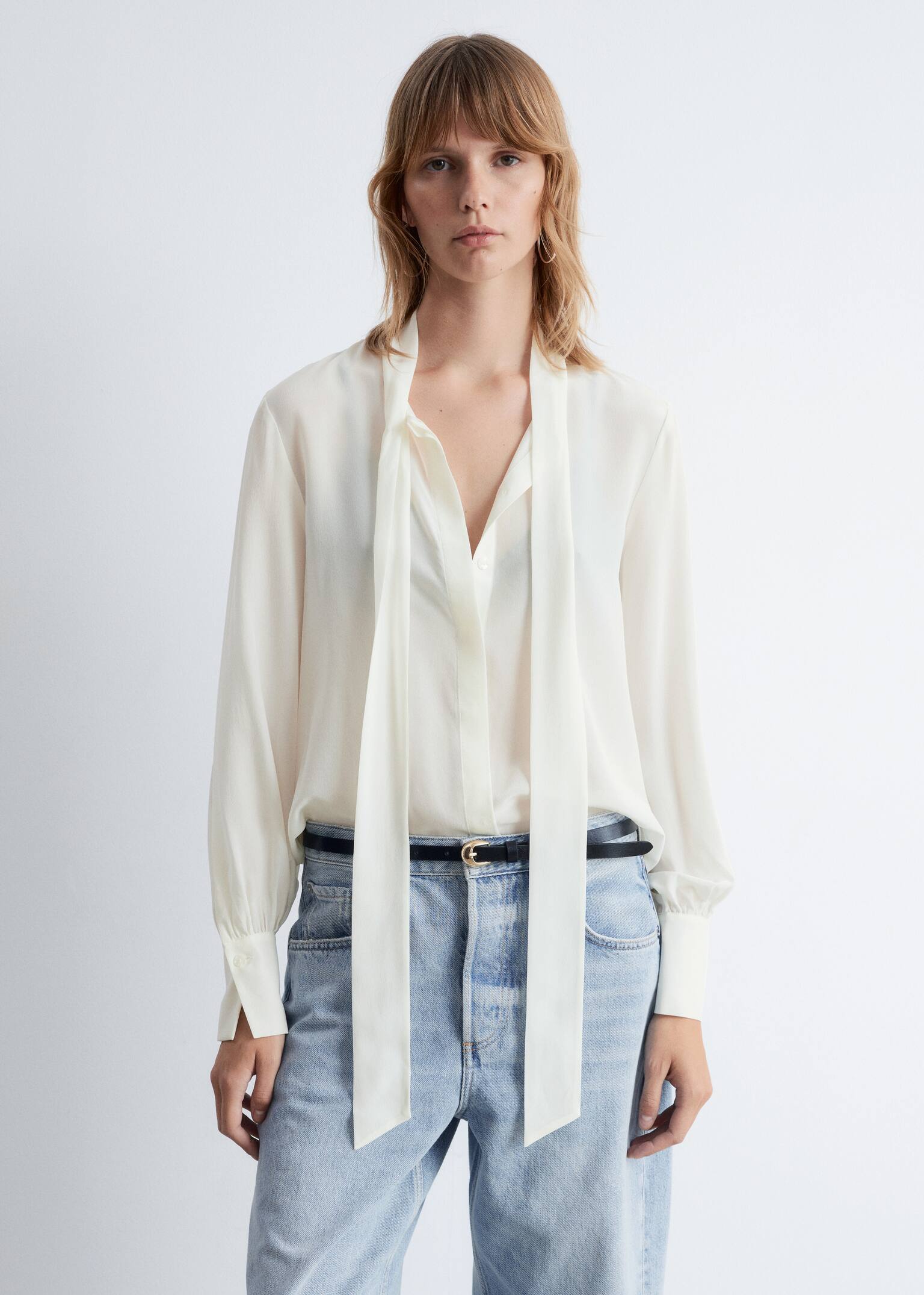 Tie-Neck Silk Blouse - White/Black Floral