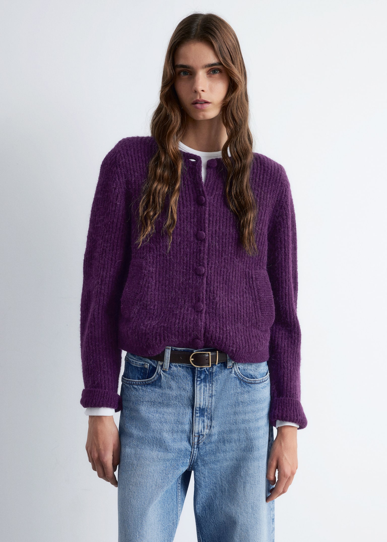 Rib-Knit Cardigan - Dark Purple/Mole/Black - 5