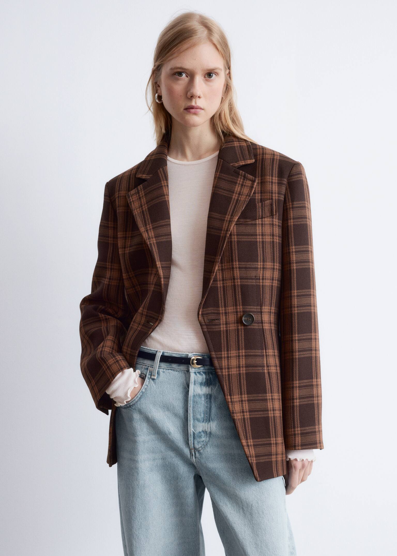 Fitted Shoulder-Pad Blazer - Brown Checked/Dusty Blue