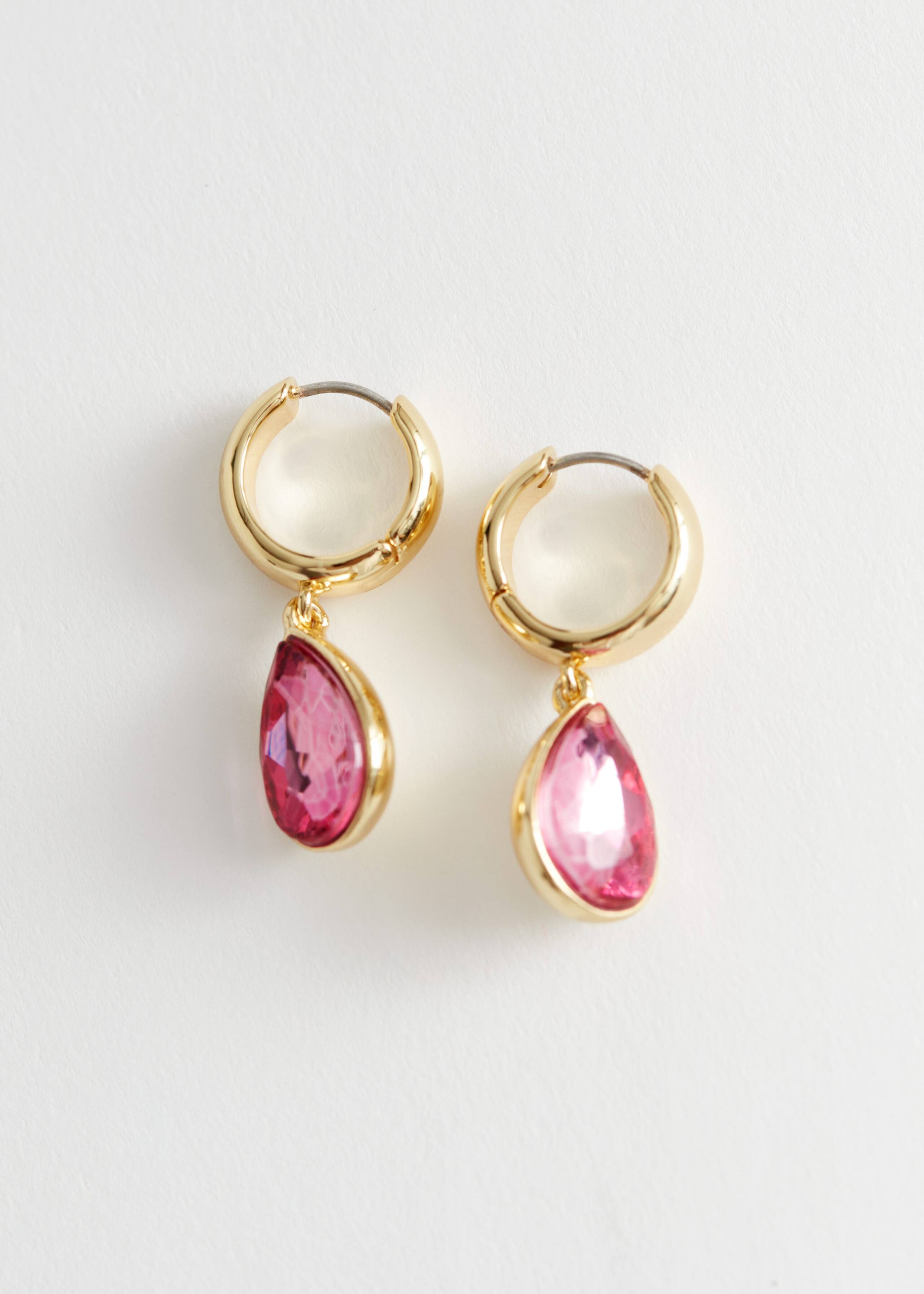 Glass Stone Pendant Hoop Earrings - Green - Still Life