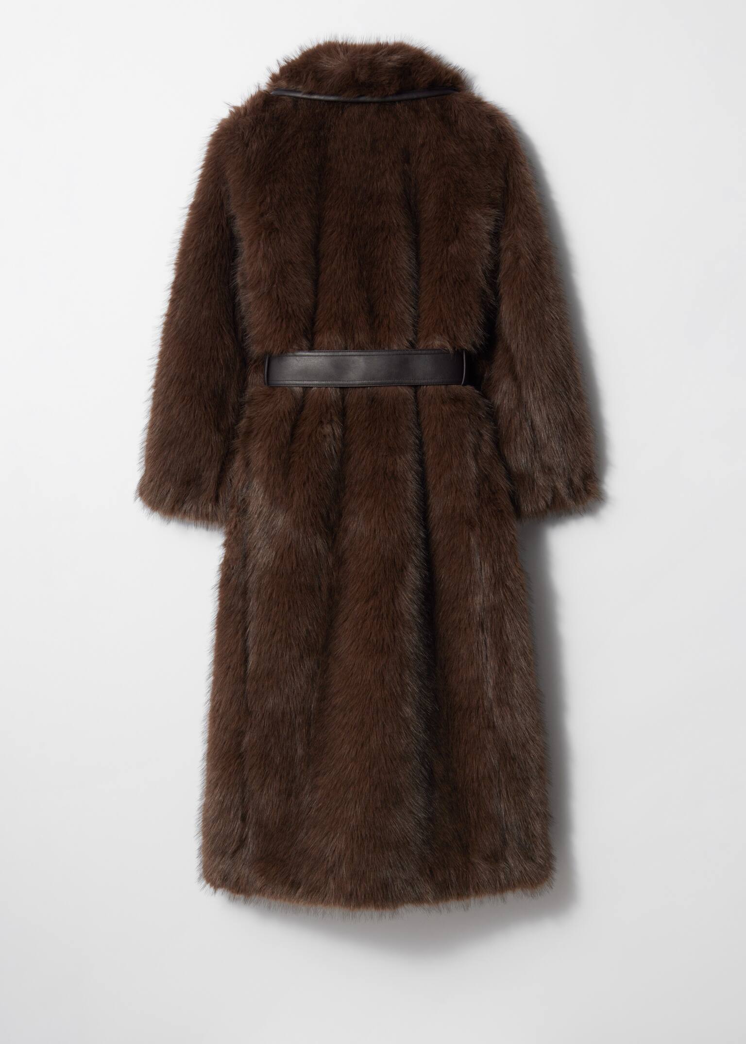 Belted Faux Fur Coat - Brown - 3