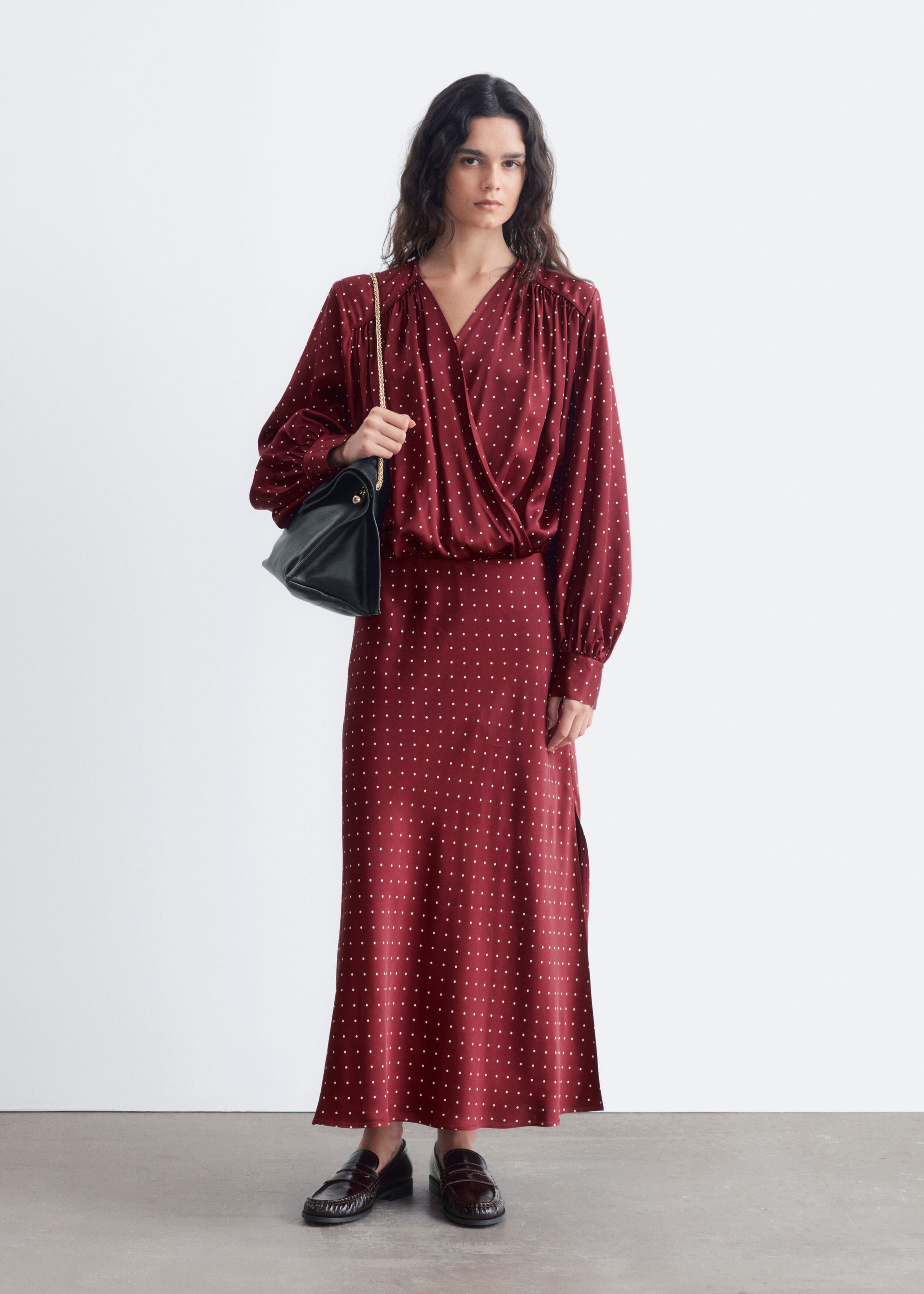 V-Neck Wrap Dress - Dark Red/Dots - Lookbook