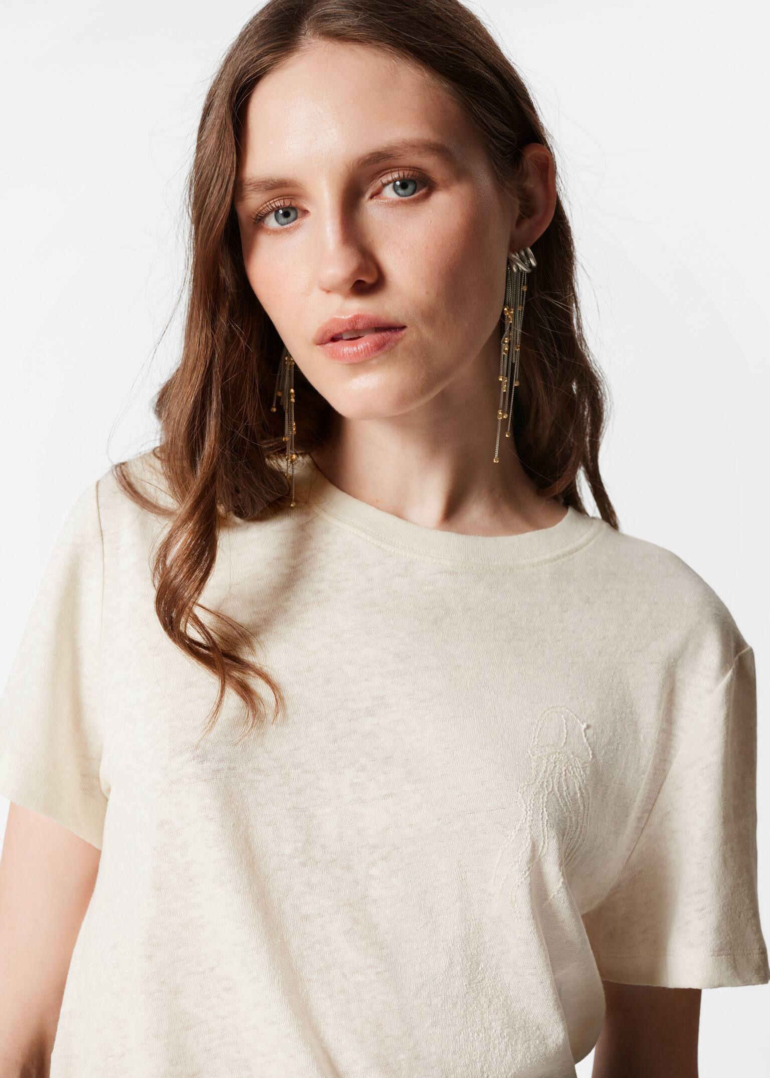 T-shirt z domieszką lnu - Kremowy - 3