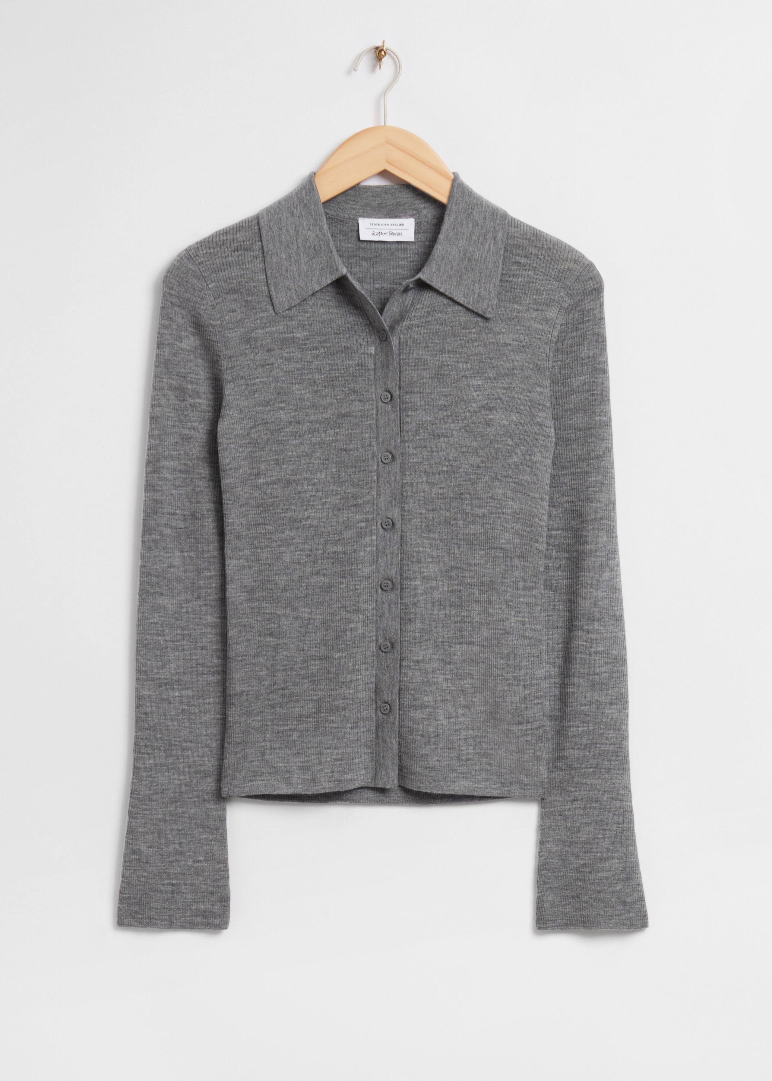 Fitted Flared Cuff Merino Knit Top - Light Grey Melange - Still Life