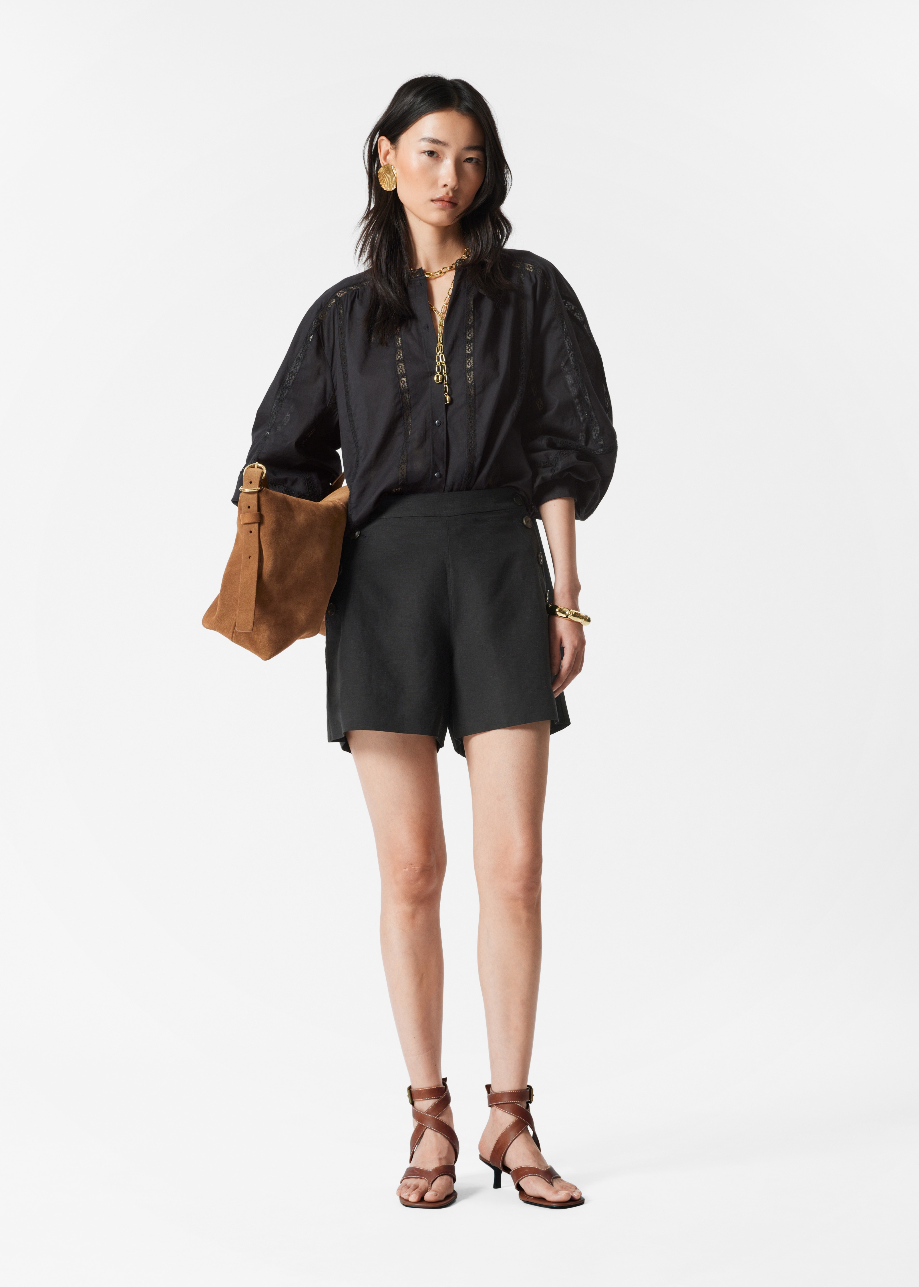 Pantaloni scurți cu nasturi stil marinar - Negru/Bej