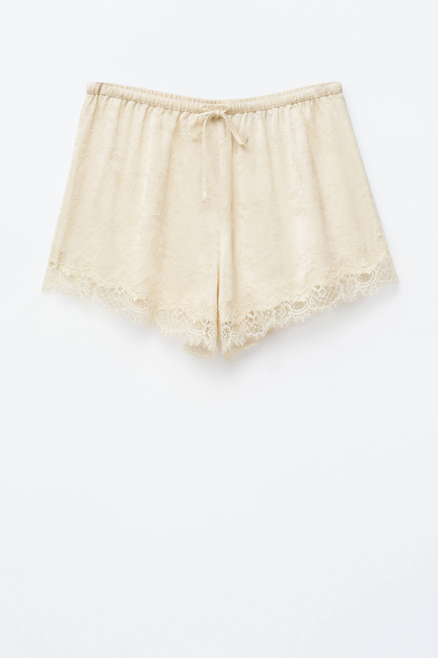 Mini calções jacquard com painel de renda - Bege claro/Castanho escuro - 2