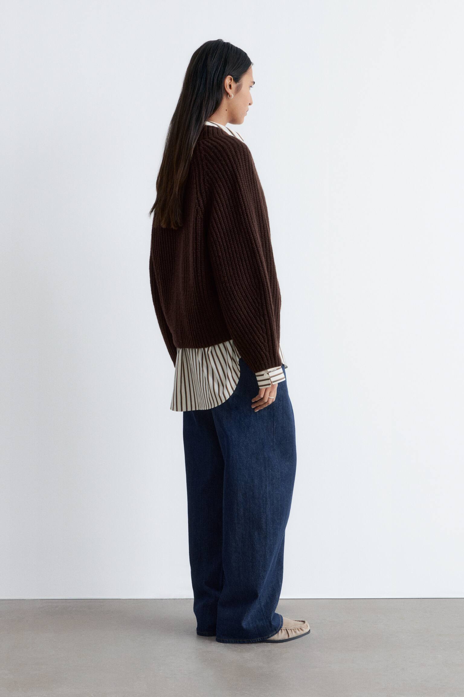 Kraftig ribstrikket cardigan - Mørkebrun/Blåmeleret - 3