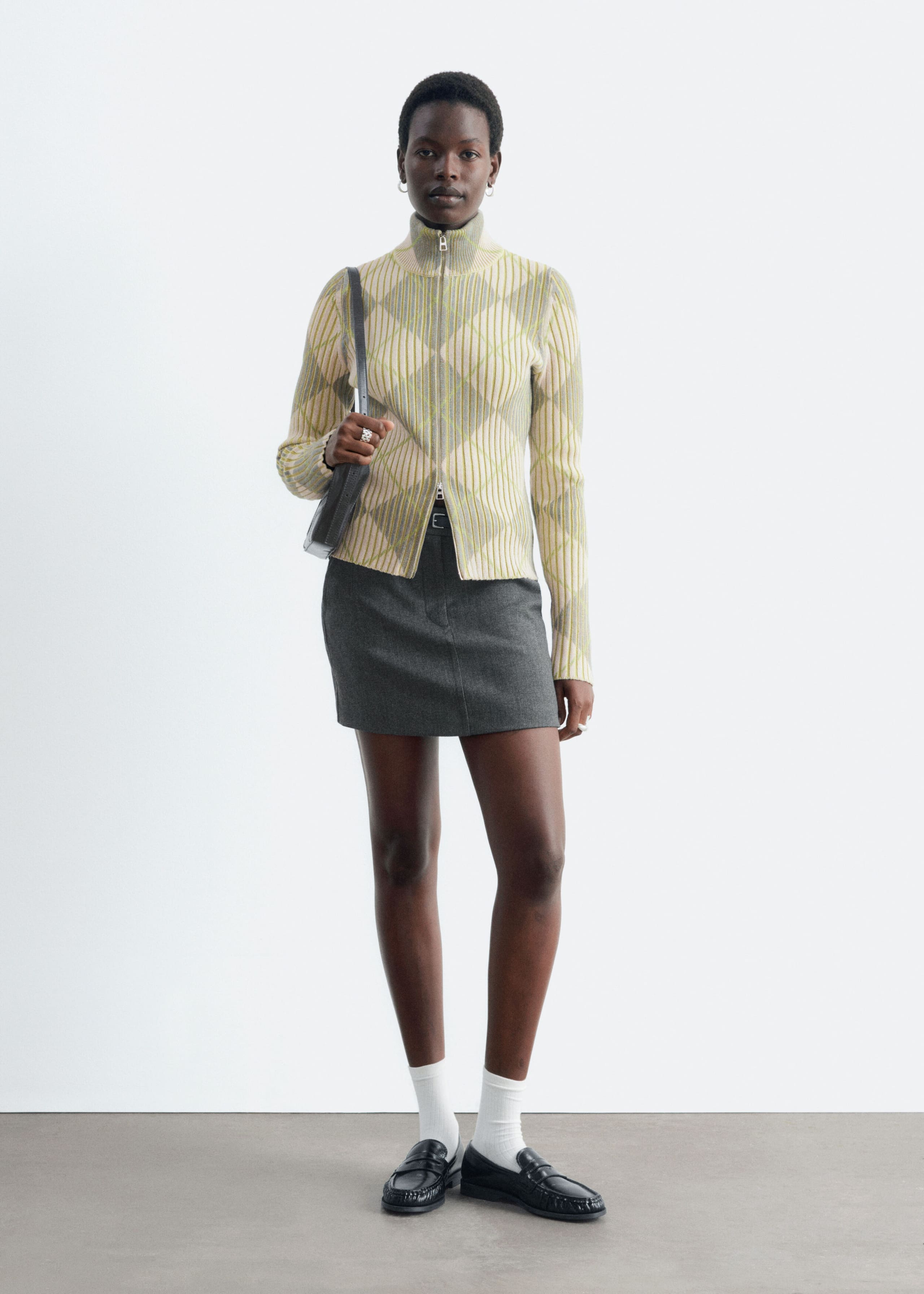 Wool-Cotton Zip Cardigan - Beige/Green/Checked - Lookbook