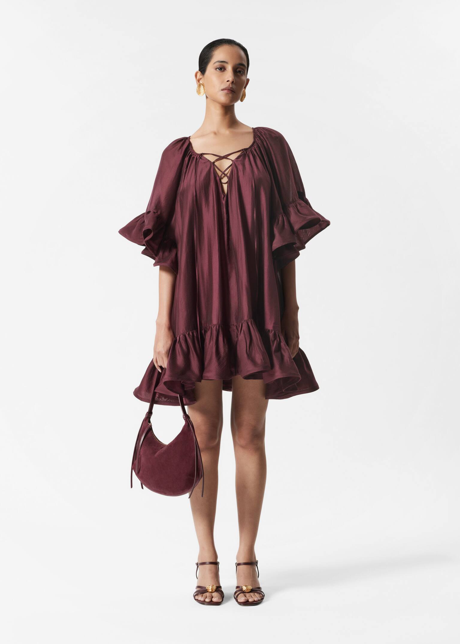 Minikleid mit Rüschen - Dunkelrot/Rosa/Rot geblümt